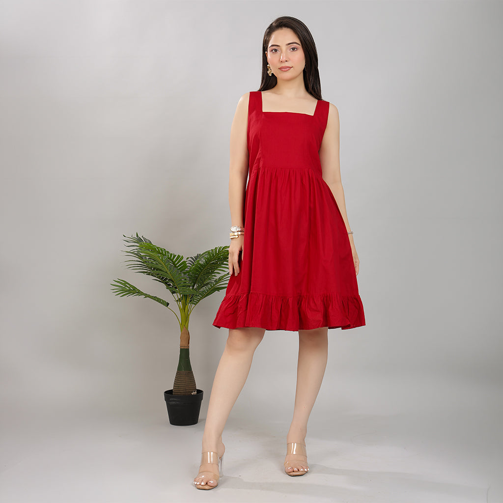 Wine square neck strap dress [100% pure cotton]