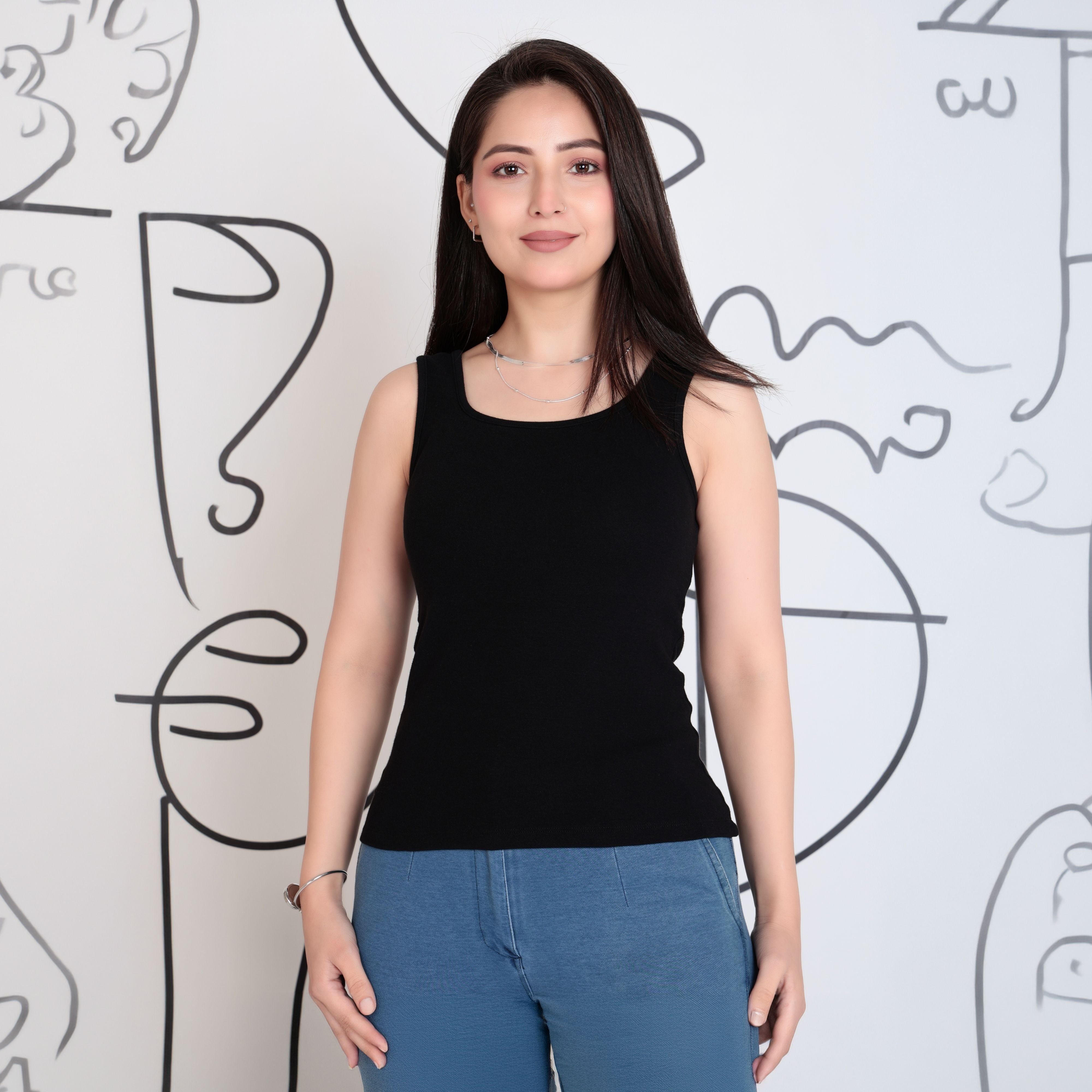 Black square neck tank top [ 280 GSM non transparent fabric ]