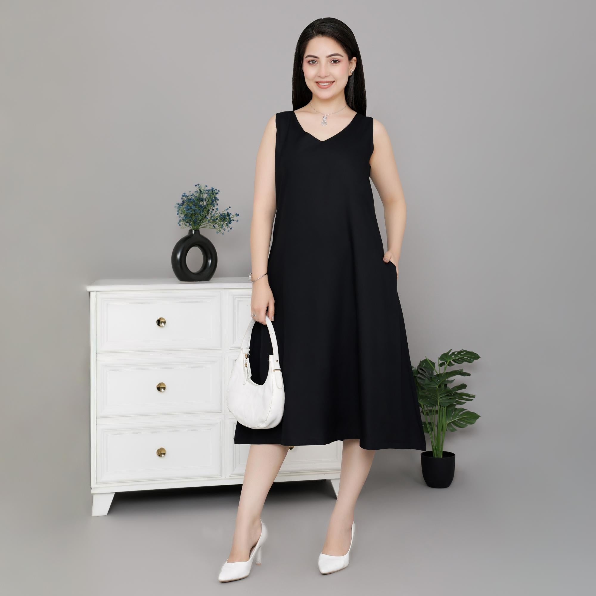 Black rayon line dress with pocket [ Premium 100% Rayon, Liva Certified ]
