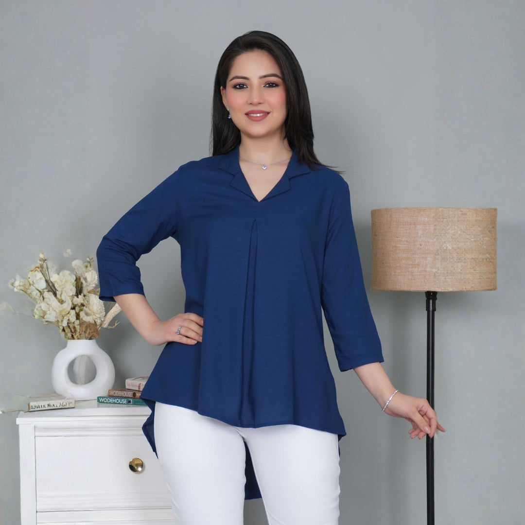 Indigo blue rayon collar top [ Premium 100% Rayon, Liva Certified ]