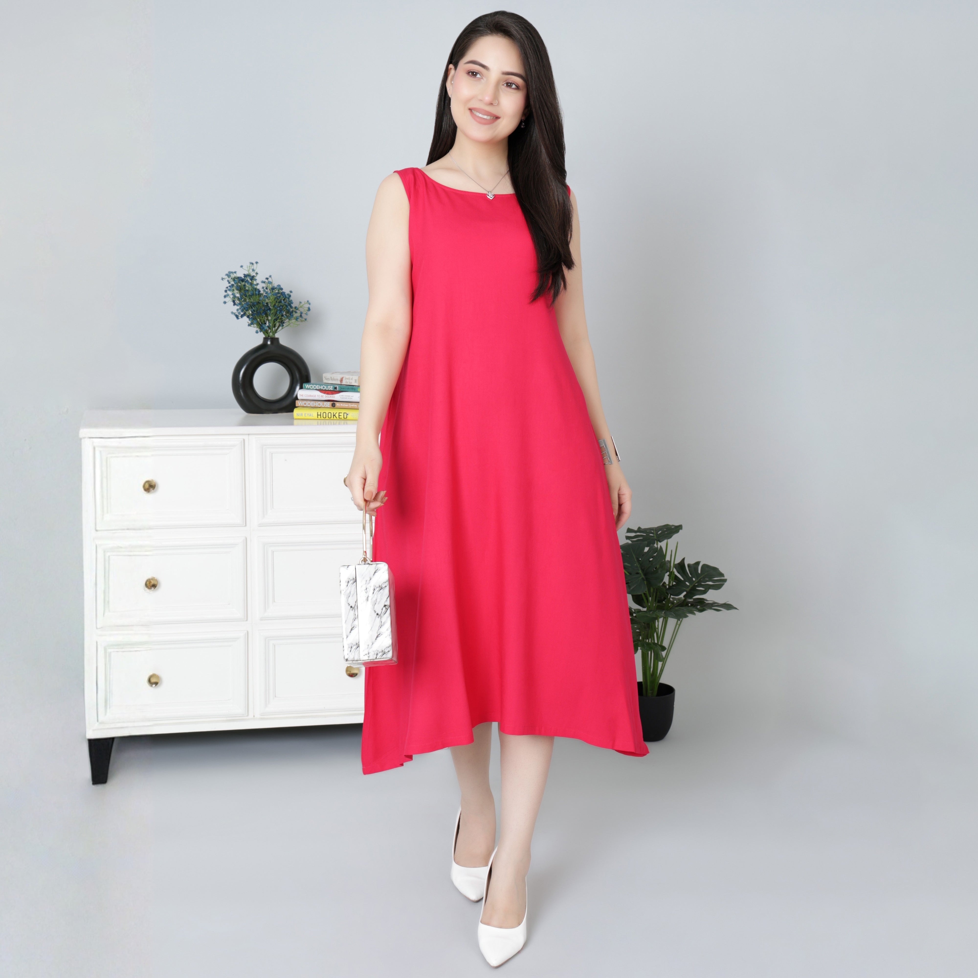 Magenta rayon flare dress with pocket [ Premium 100% Rayon, Liva Certified ]