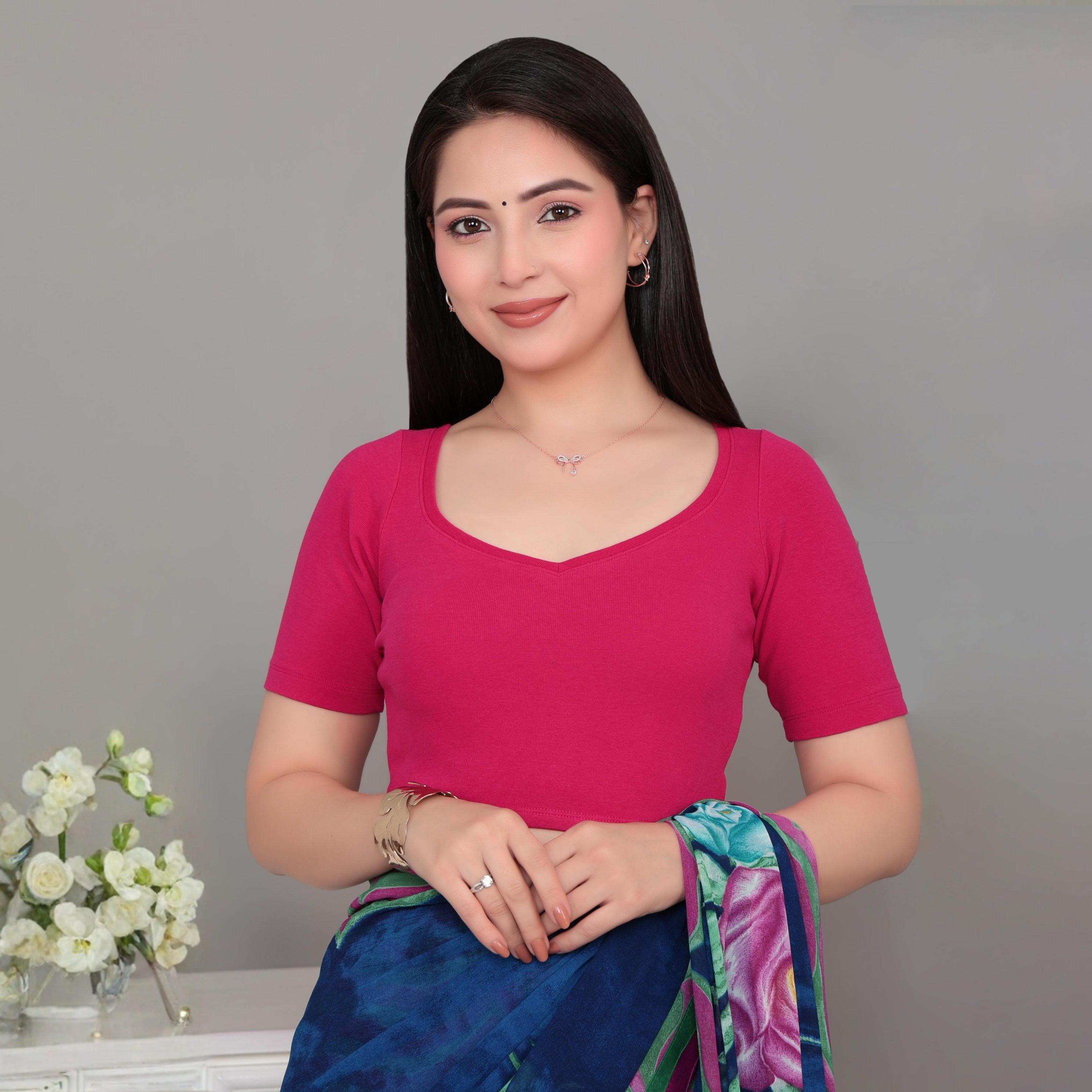 Fuchsia Rib Sweet Heart Neck Half Sleeve Blouse [ 100% USA HQ Cotton, 280 GSM non transparent fabric ]