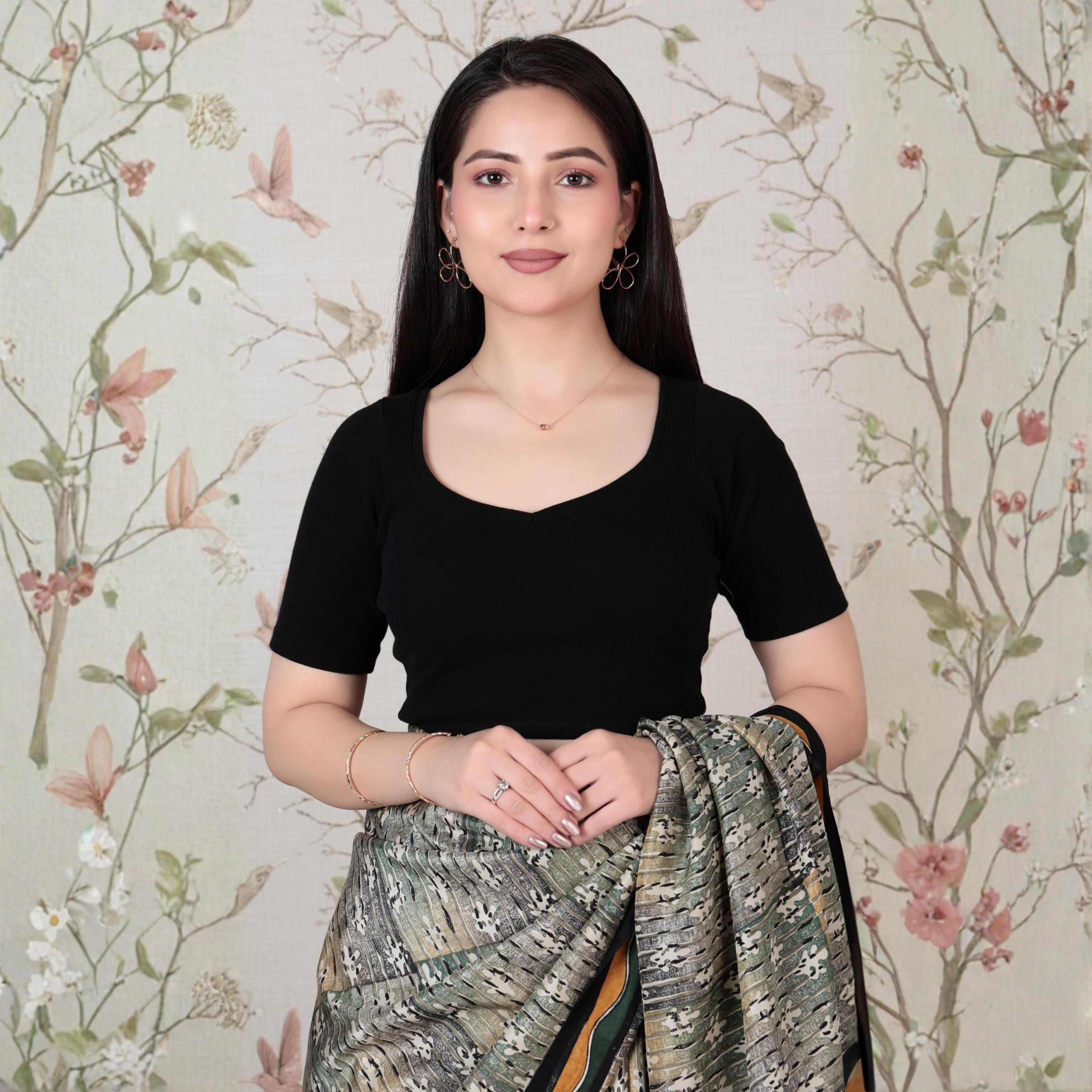 Black Rib Sweet Heart Neck Half Sleeve Blouse [ 100% USA HQ Cotton, 280 GSM non transparent fabric ]