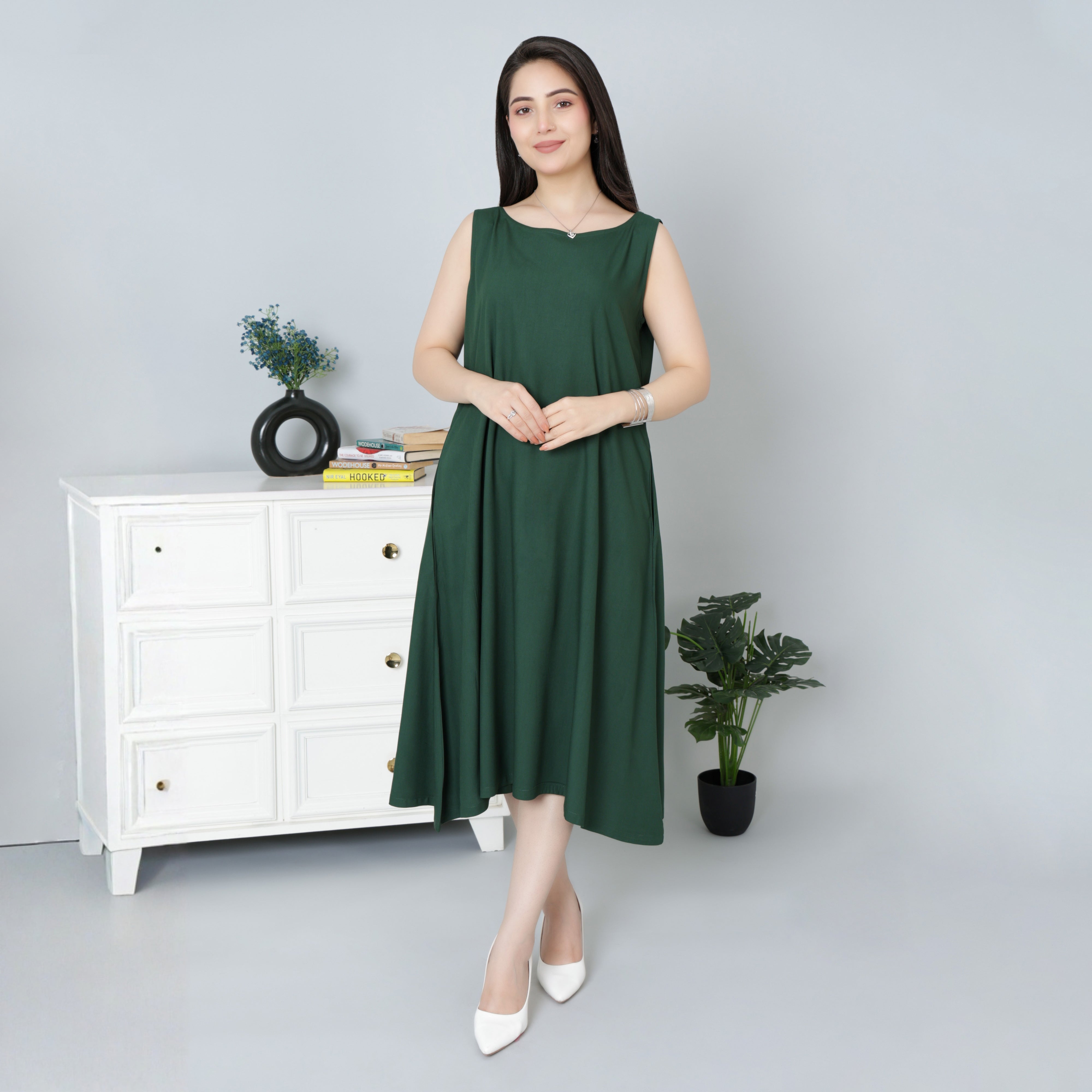 Bottle Green rayon flare dress with pocket [ Premium 100% Rayon, Liva Certified ]