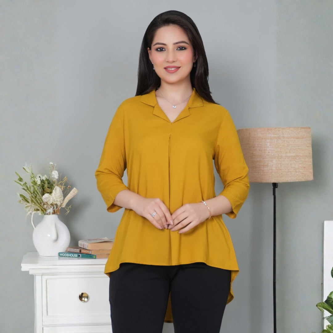 Honey mustard rayon collar top [ Premium 100% Rayon, Liva Certified ]