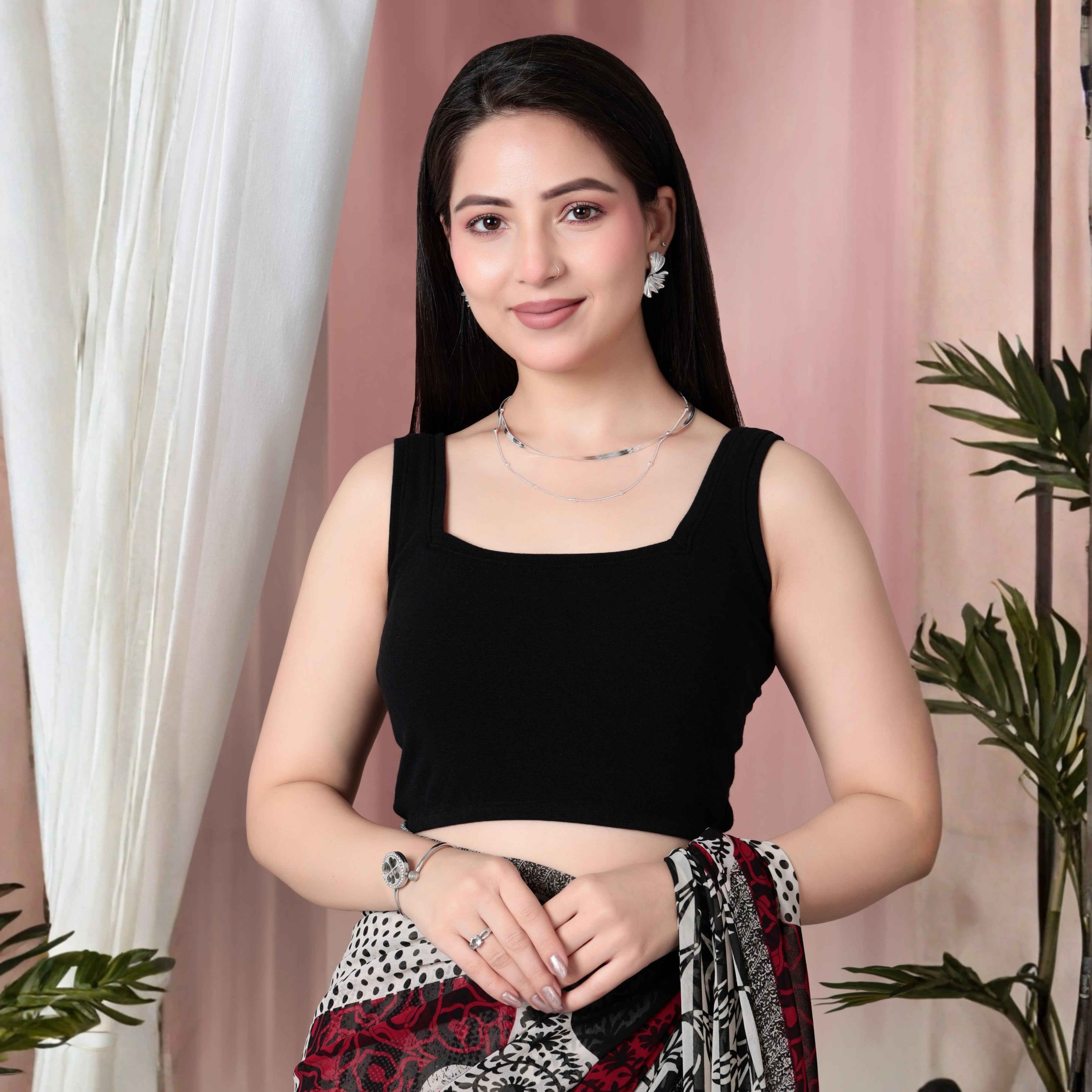 Black Rib Square Neck Sleeveless Blouse [ 100% USA HQ Cotton, 280 GSM non transparent fabric ]