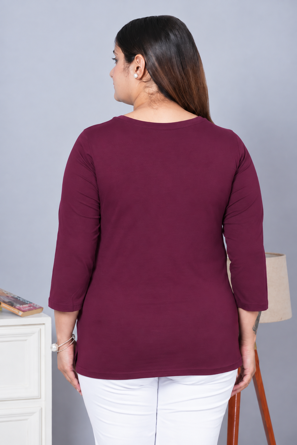Plum Round Neck Cotton Lycra 3/4 Sleeve T Shirt