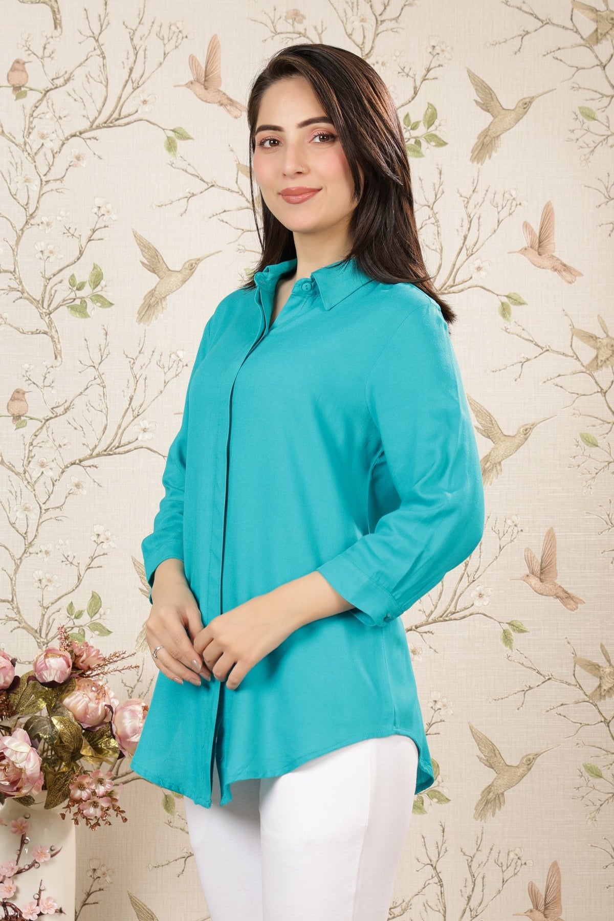Aqua blue long hemline shirt [ 100% Rayon, Liva Certified ] -Long hemline shirt