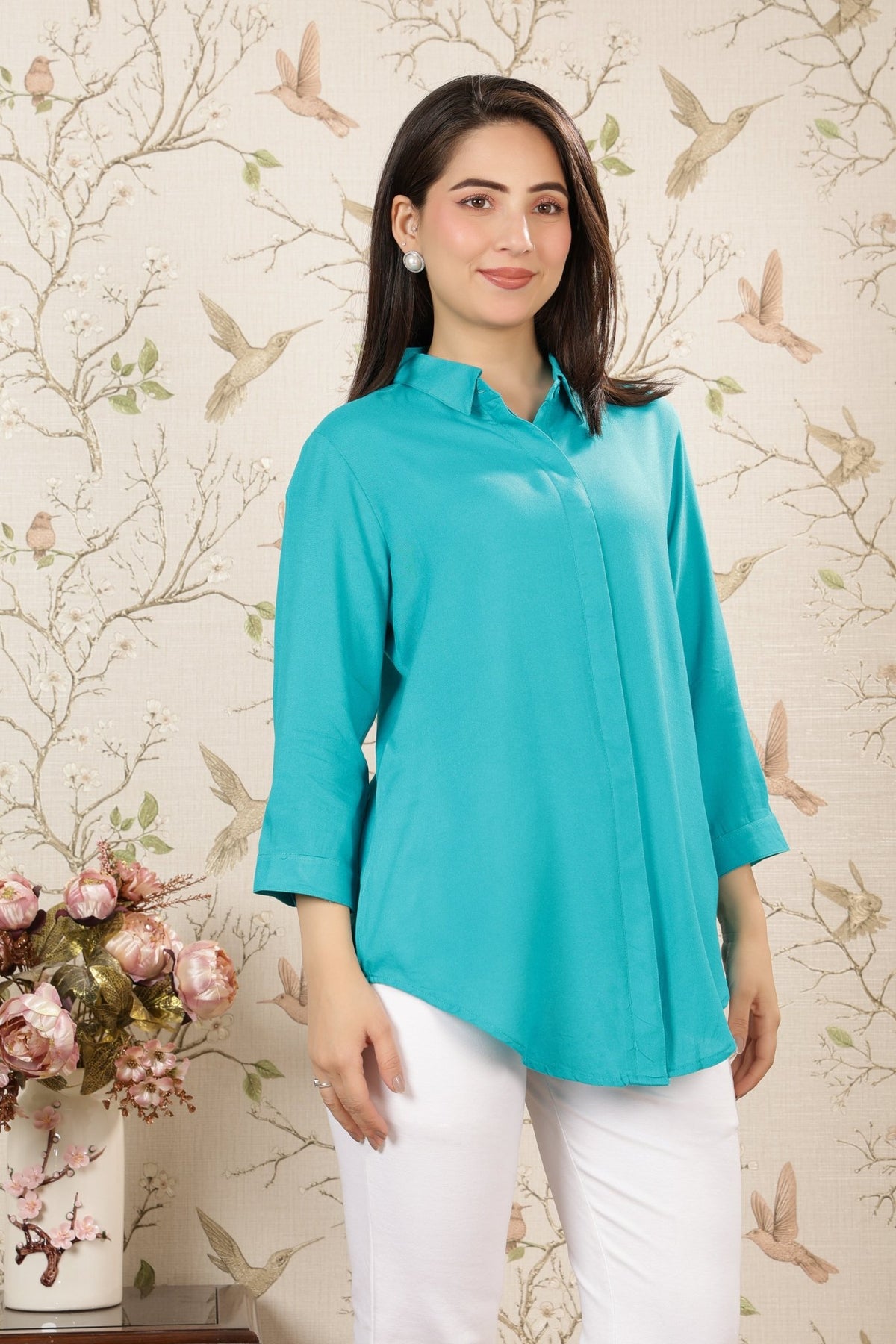 Aqua blue long hemline shirt [ 100% Rayon, Liva Certified ] -Long hemline shirt