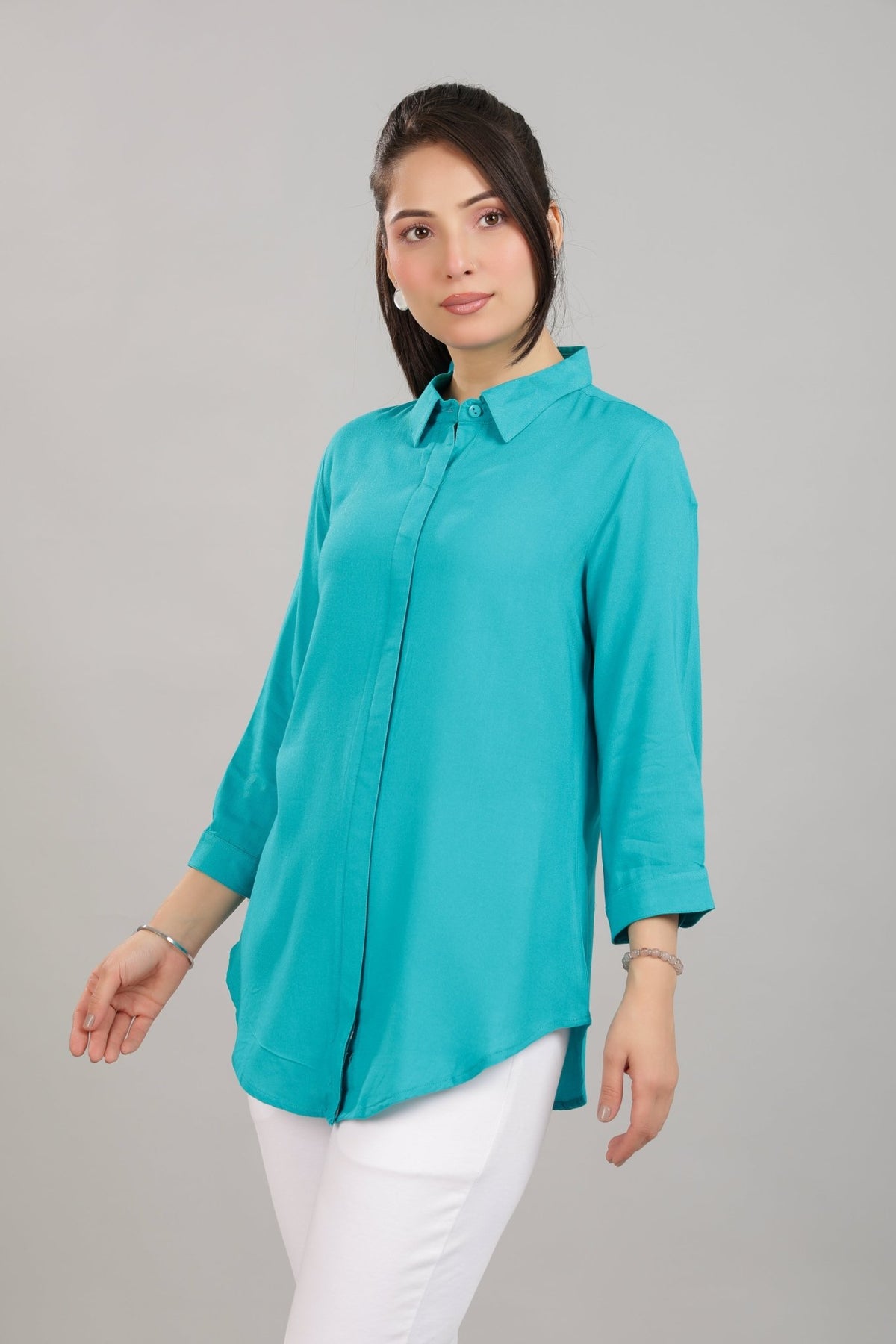 Aqua blue long hemline shirt [ 100% Rayon, Liva Certified ] -Long hemline shirt