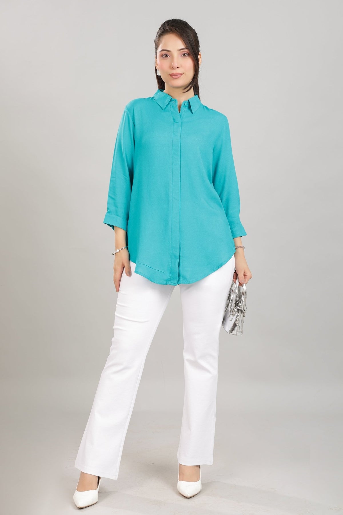 Aqua blue long hemline shirt [ 100% Rayon, Liva Certified ] -Long hemline shirt