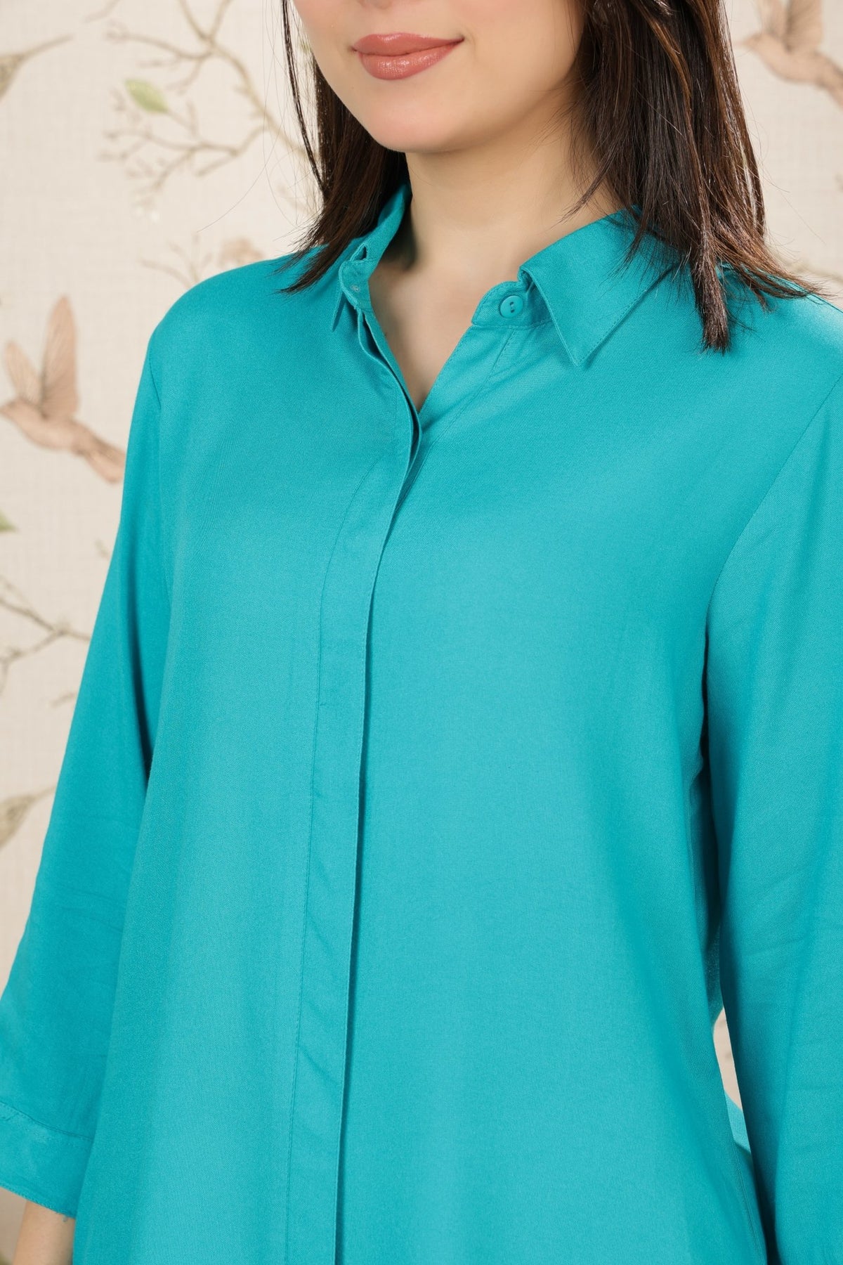 Aqua blue long hemline shirt [ 100% Rayon, Liva Certified ] -Long hemline shirt