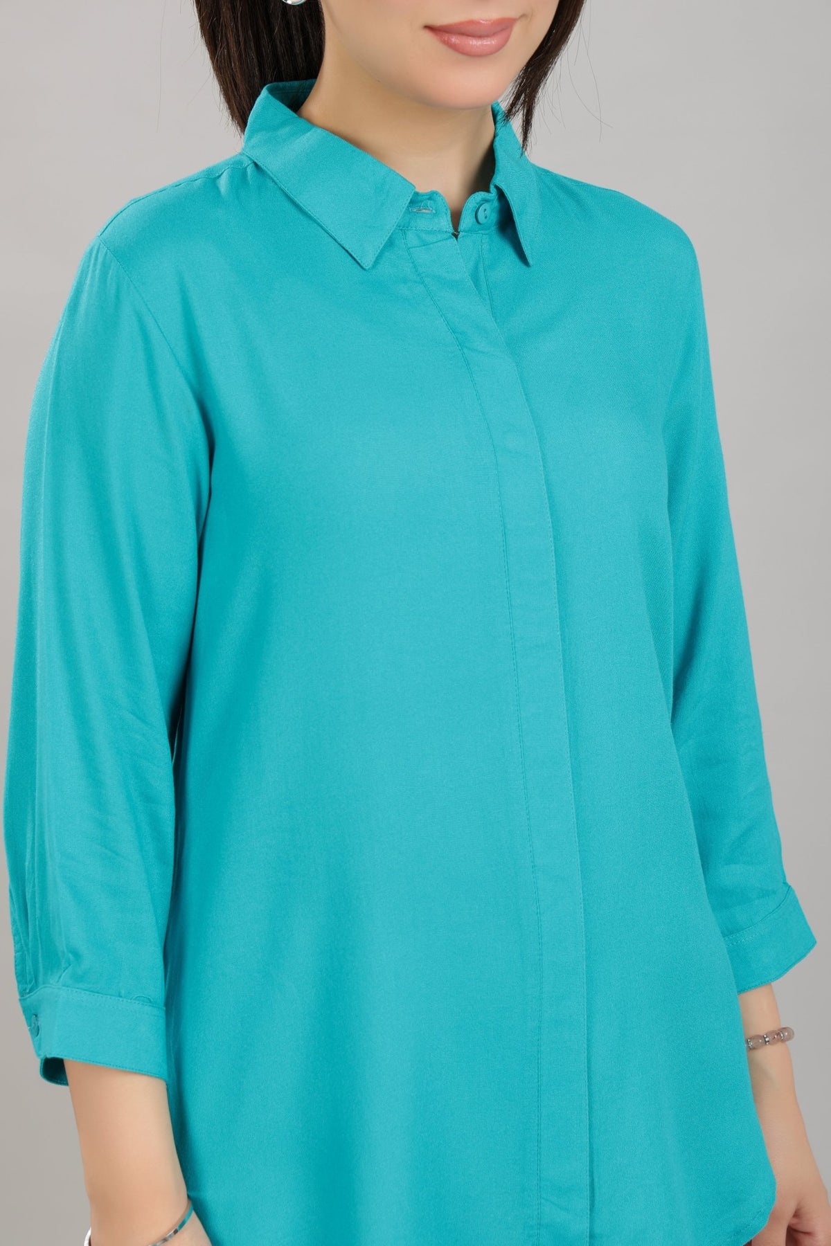Aqua blue long hemline shirt [ 100% Rayon, Liva Certified ] -Long hemline shirt