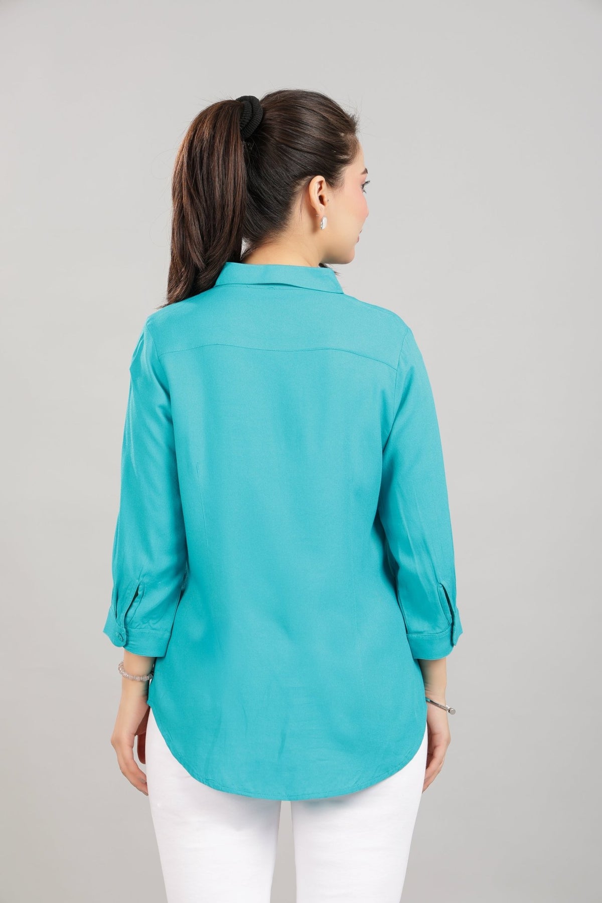 Aqua blue long hemline shirt [ 100% Rayon, Liva Certified ] -Long hemline shirt