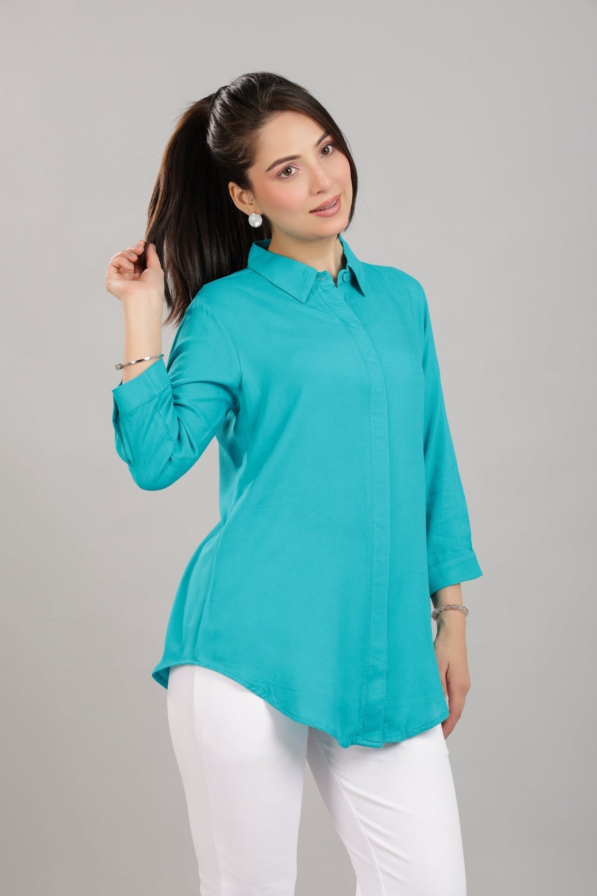 Aqua blue long hemline shirt [ 100% Rayon, Liva Certified ] -Long hemline shirt