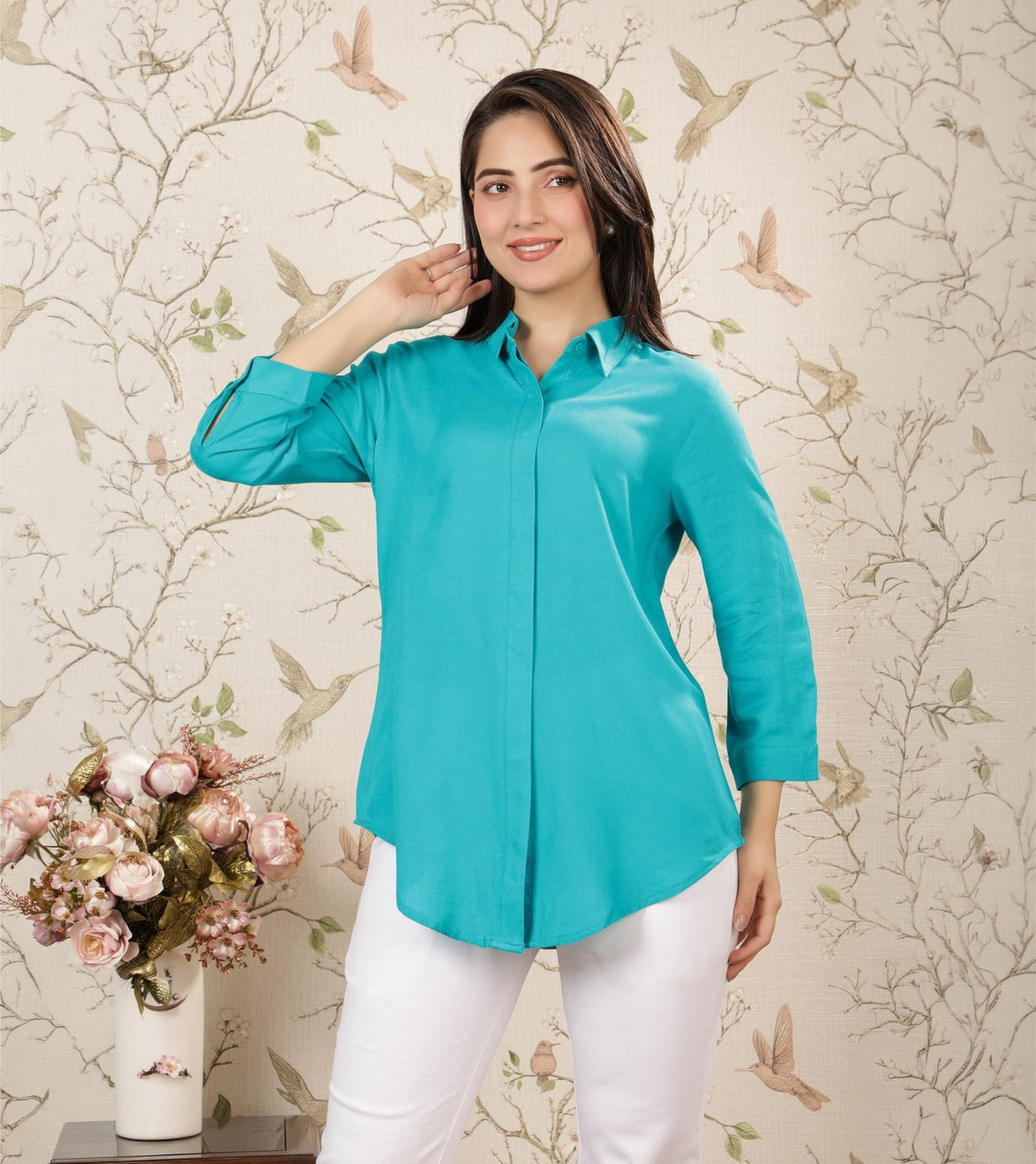 Aqua blue long hemline shirt [ 100% Rayon, Liva Certified ] -Long hemline shirt