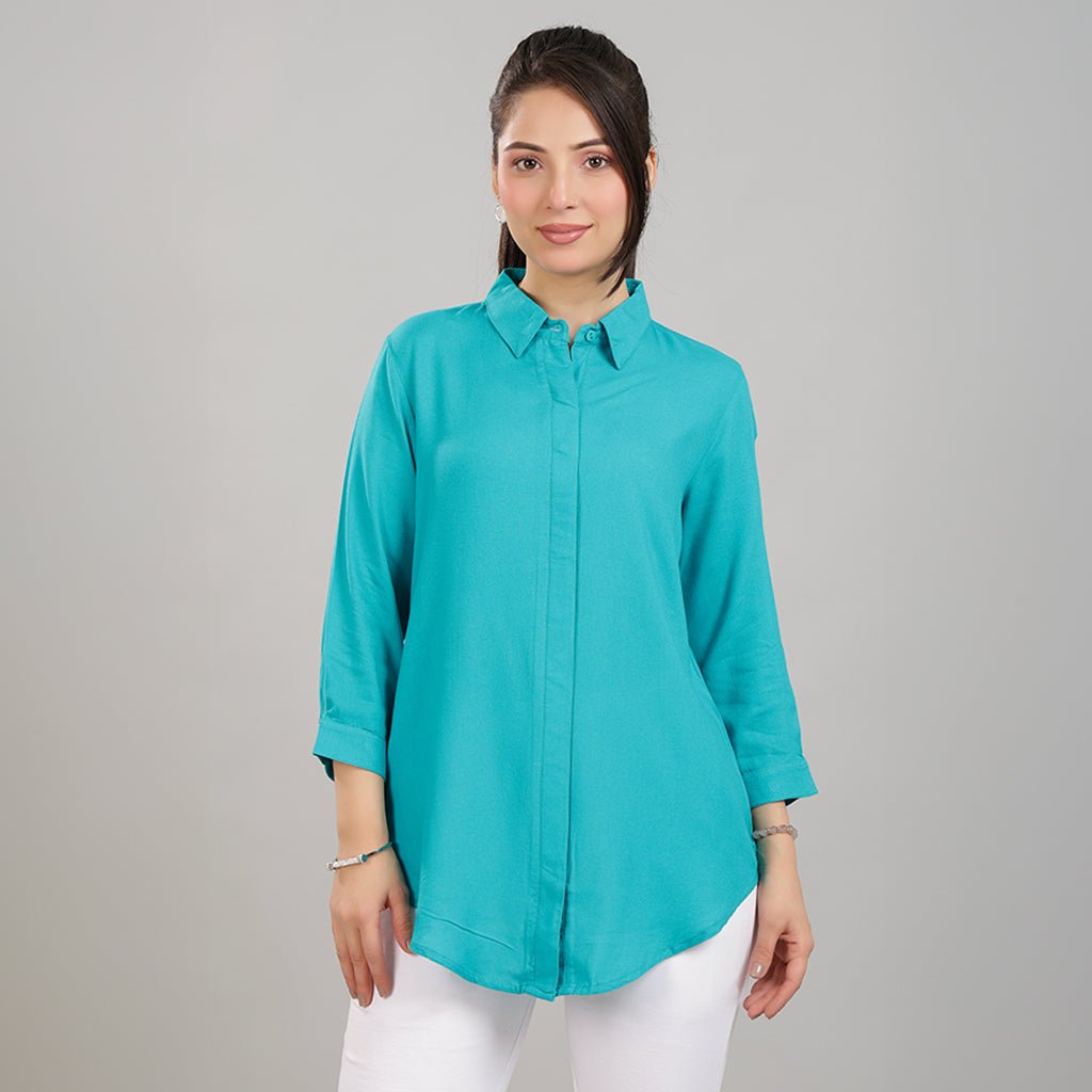 Aqua blue long hemline shirt [ 100% Rayon, Liva Certified ] -Long hemline shirt
