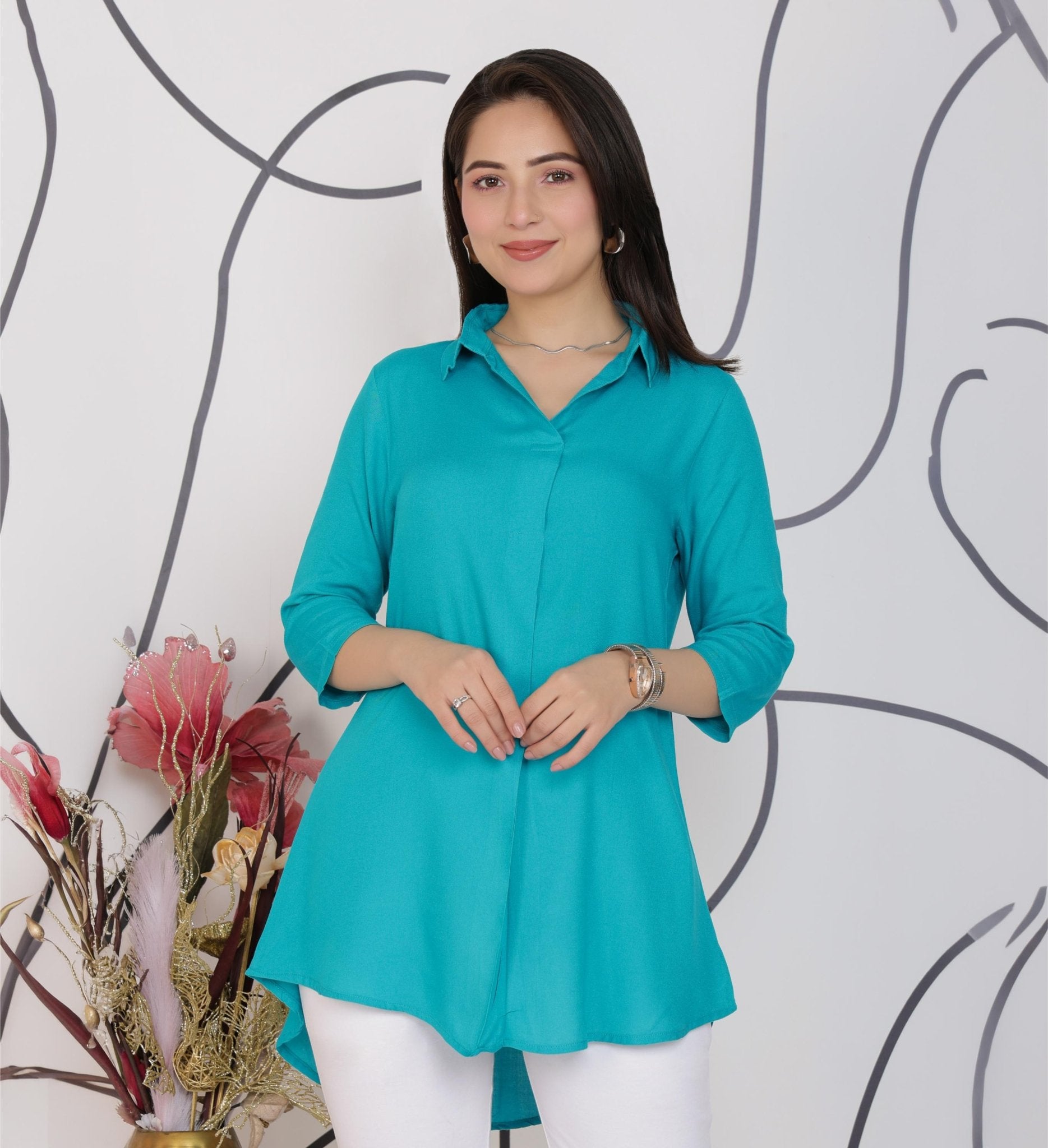 Aqua Blue rayon flare top [ Premium 100% Rayon, Liva Certified ] -Rayon flare top