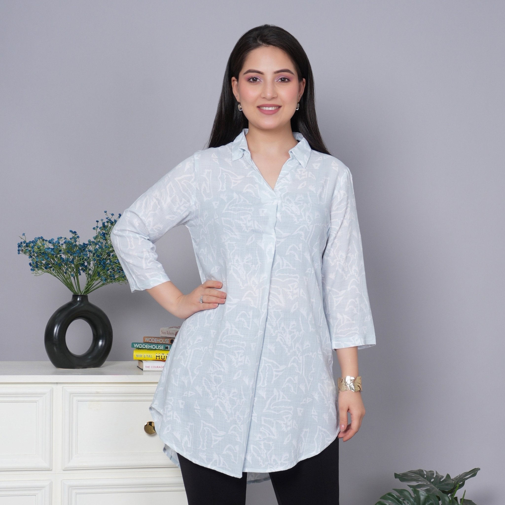 Aqua cotton printed flare top [ 100% cotton] - Cotton printed flare top