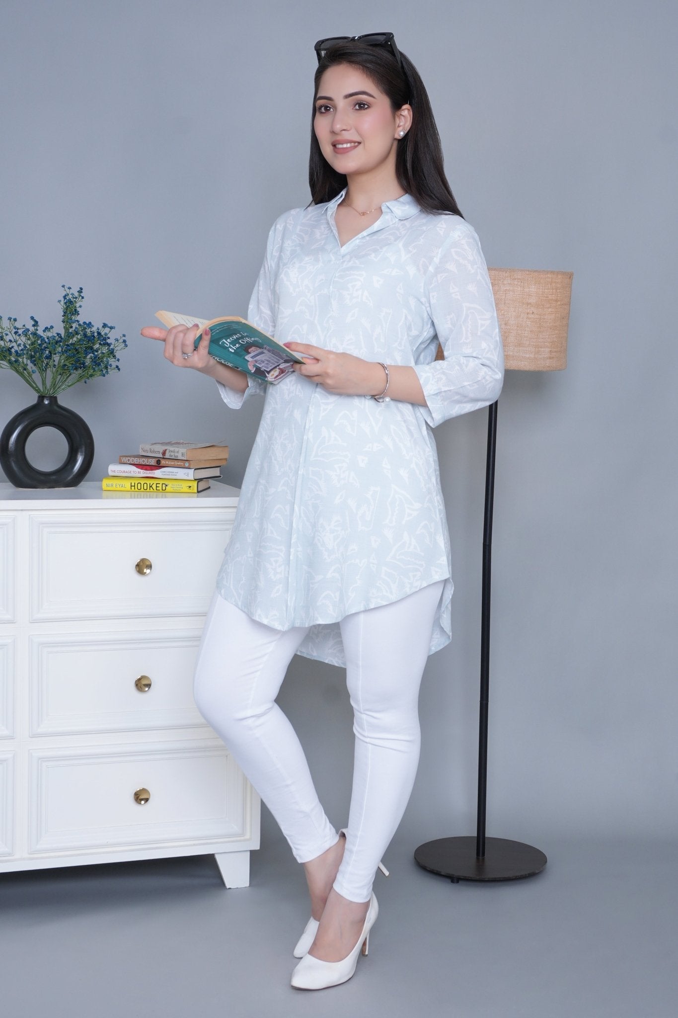 Aqua cotton printed flare top [ 100% cotton] - Cotton printed flare top