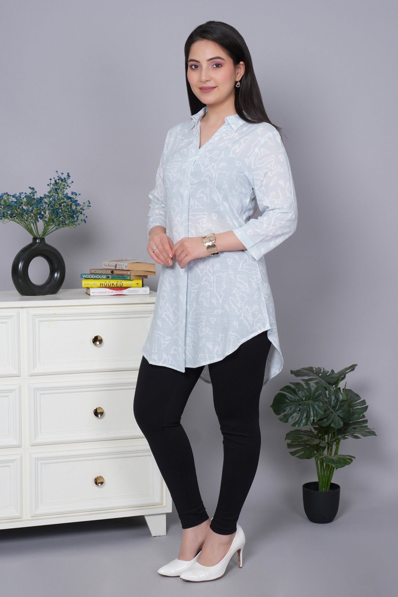 Aqua cotton printed flare top [ 100% cotton] - Cotton printed flare top