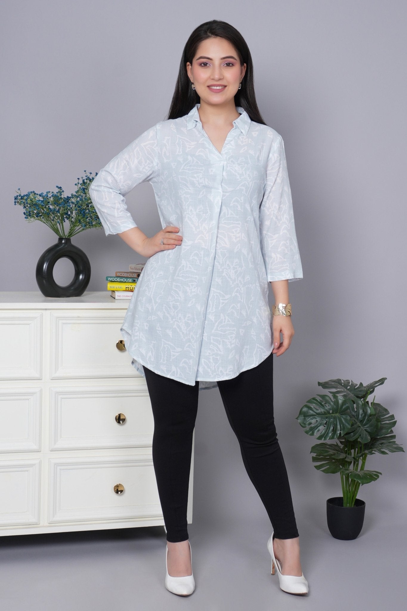 Aqua cotton printed flare top [ 100% cotton] - Cotton printed flare top