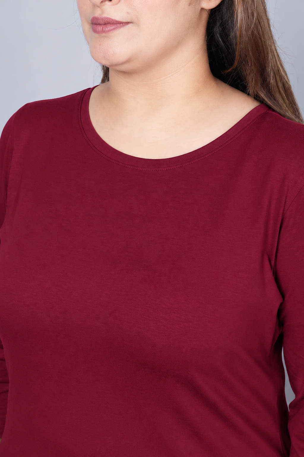 Wine Round Neck Cotton Lycra 3/4 Sleeve T Shirt