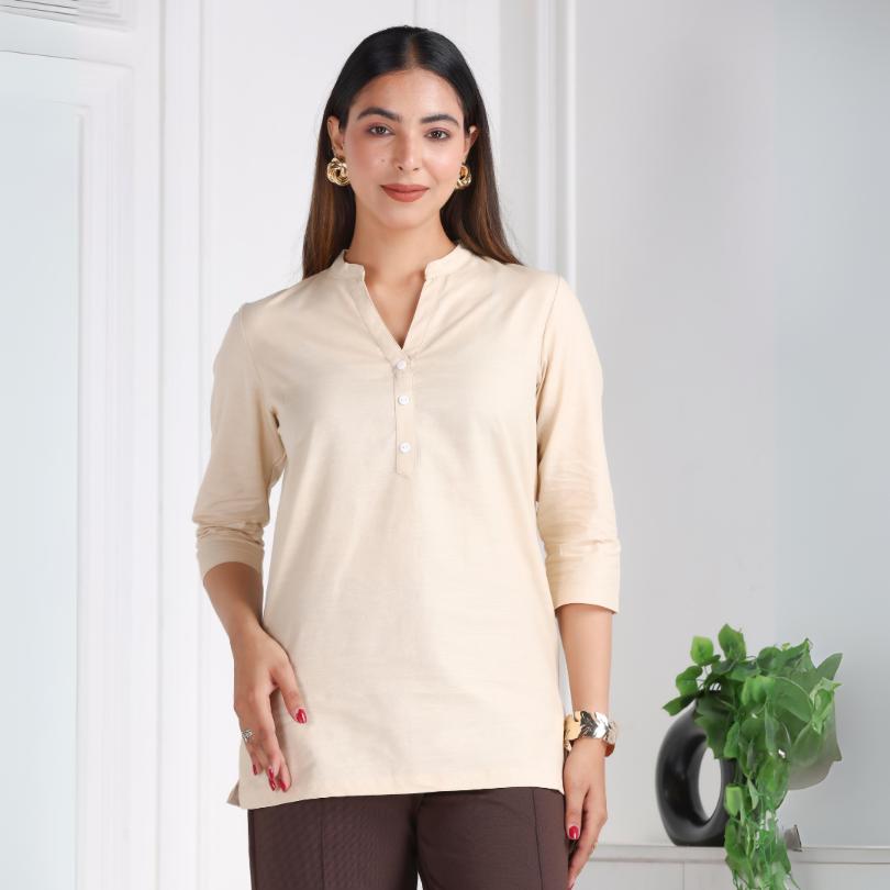 Beige 100% Cotton Short Kurti - Short kurta