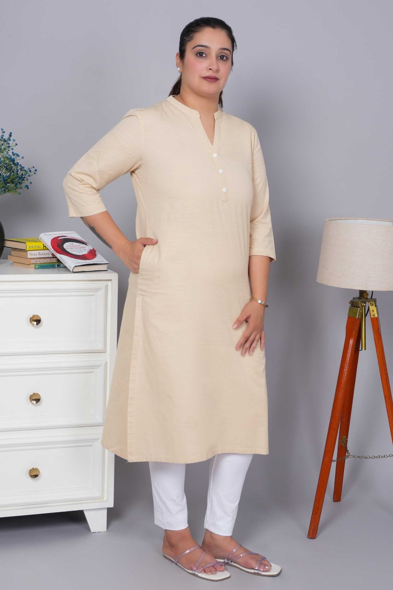 Beige 100% Premium Cotton Long Kurta - Long kurta