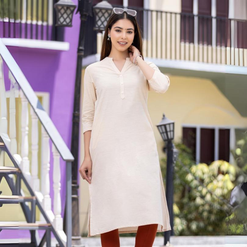 Beige 100% Premium Cotton Long Kurta - Long kurta