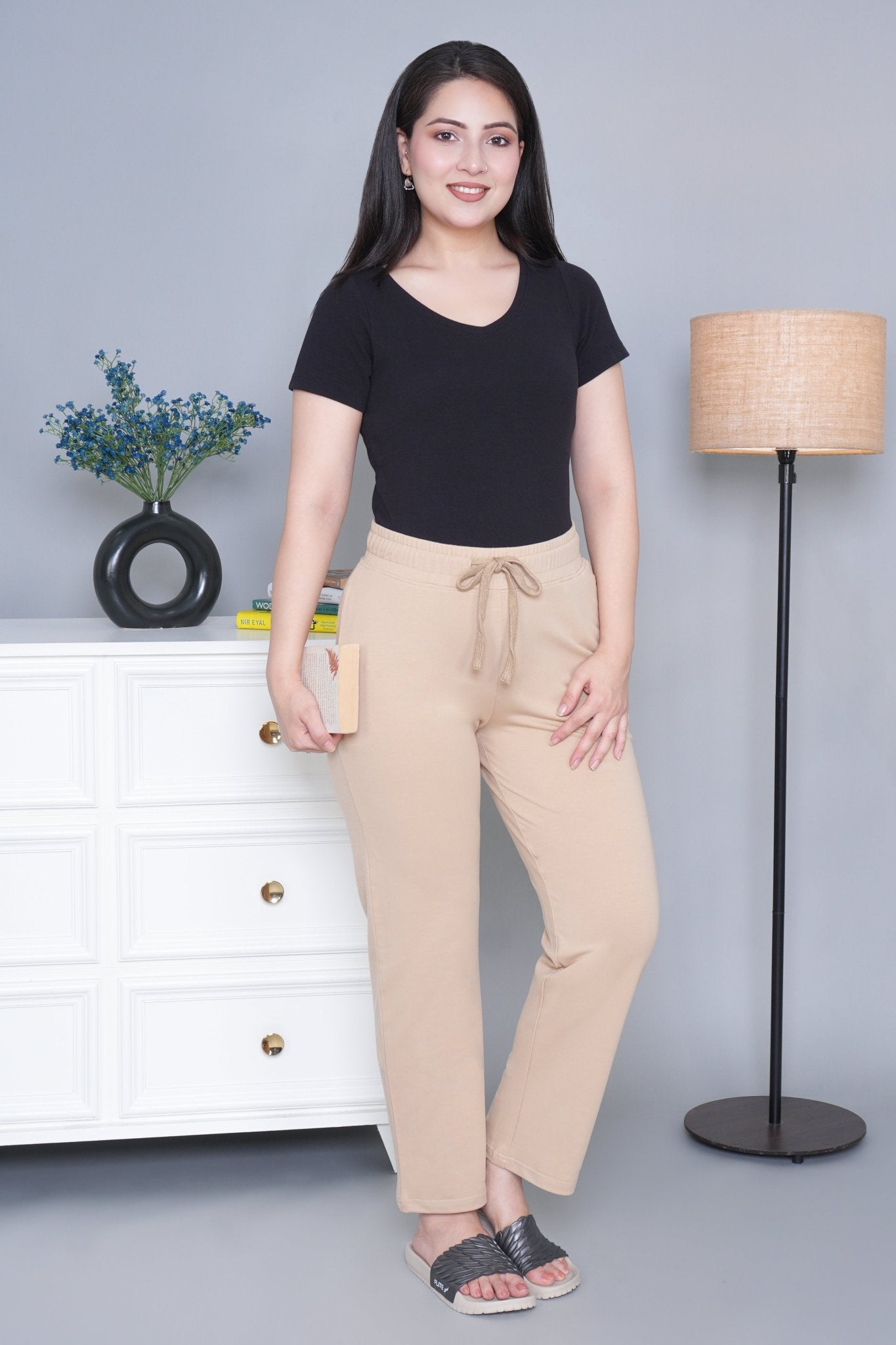 Beige all day home pants with extra comfort. [100% Cotton Lycra] - All day home pant