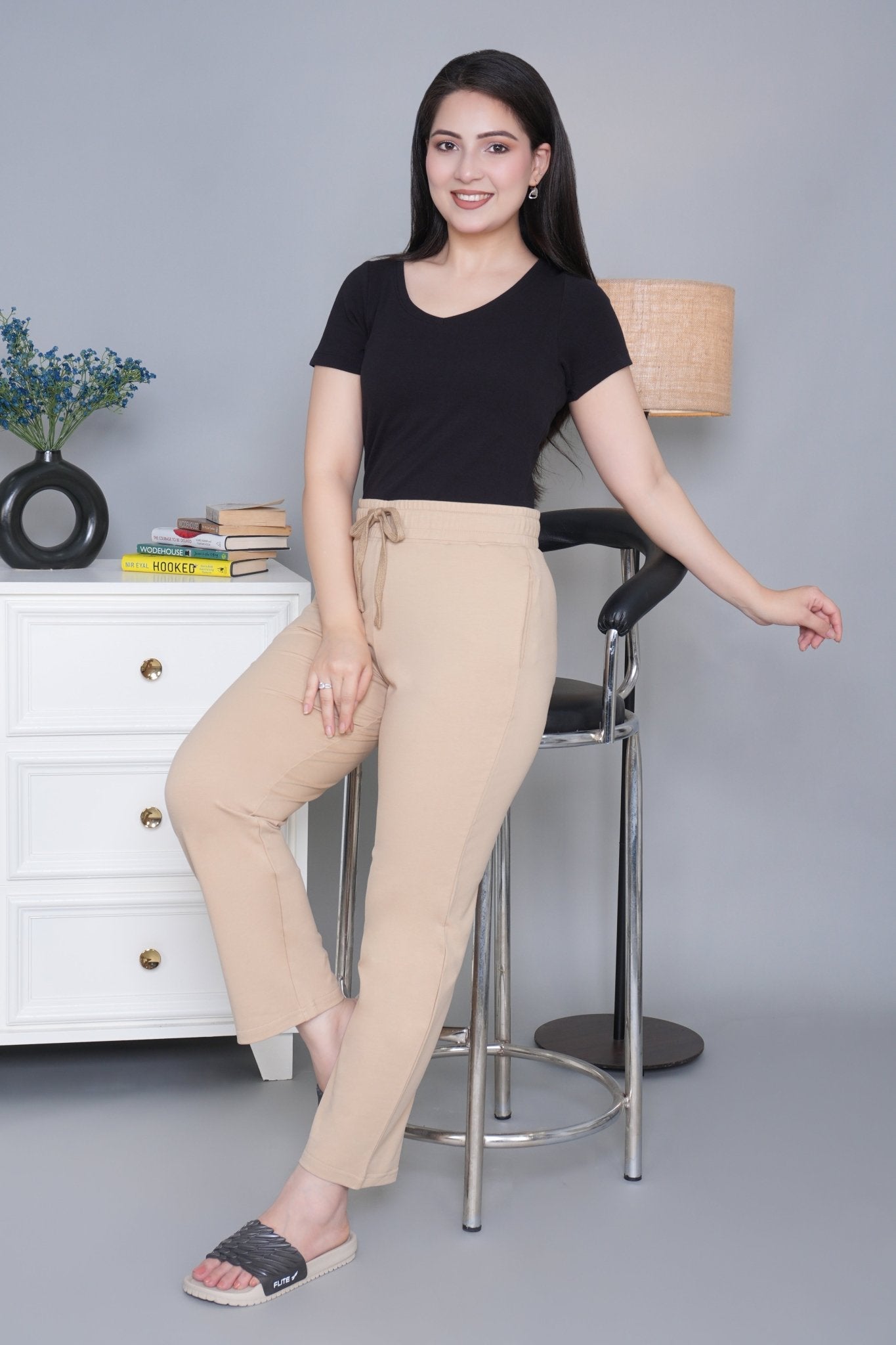 Beige all day home pants with extra comfort. [100% Cotton Lycra] - All day home pant