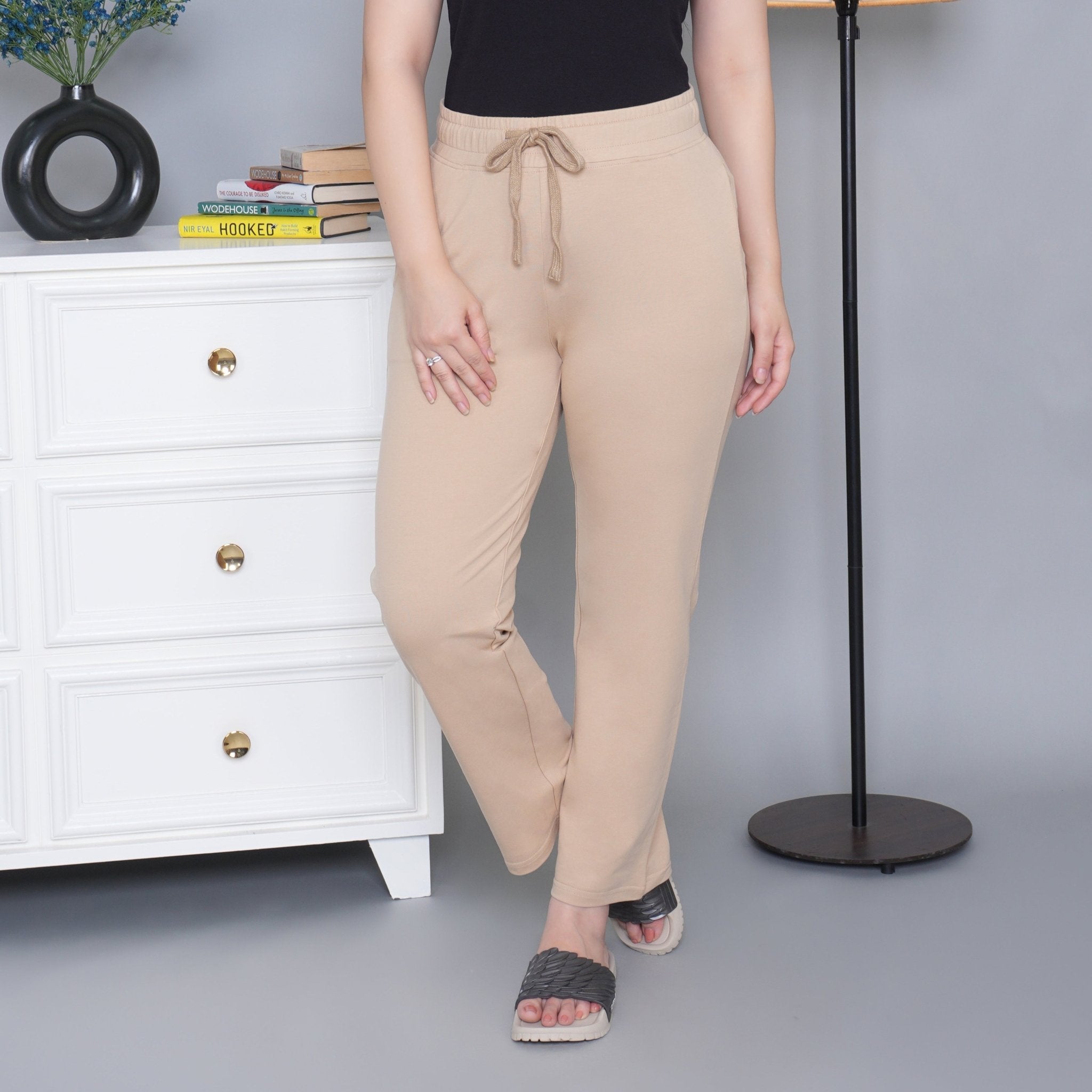 Beige all day home pants with extra comfort. [100% Cotton Lycra] - All day home pant