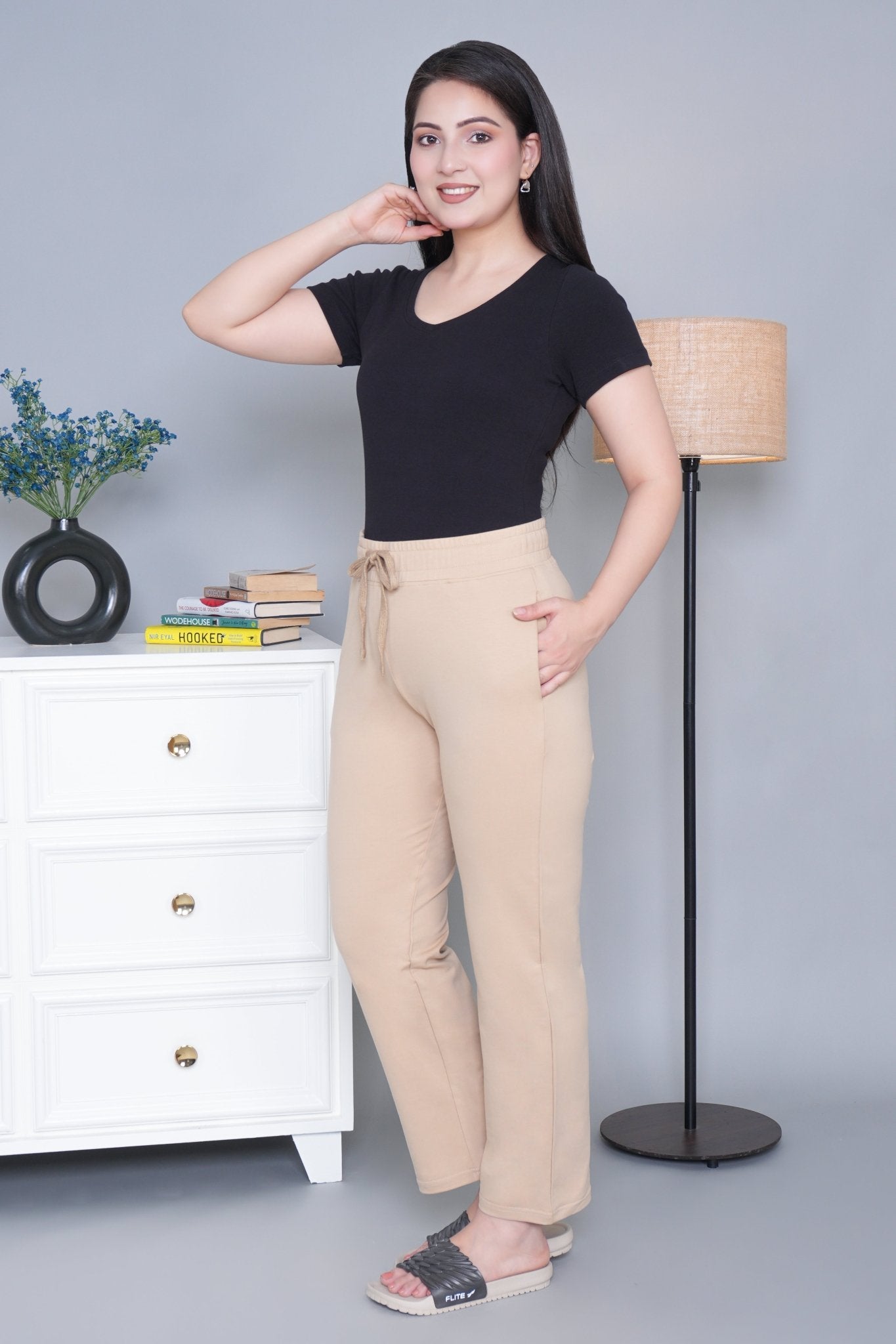 Beige all day home pants with extra comfort. [100% Cotton Lycra] - All day home pant