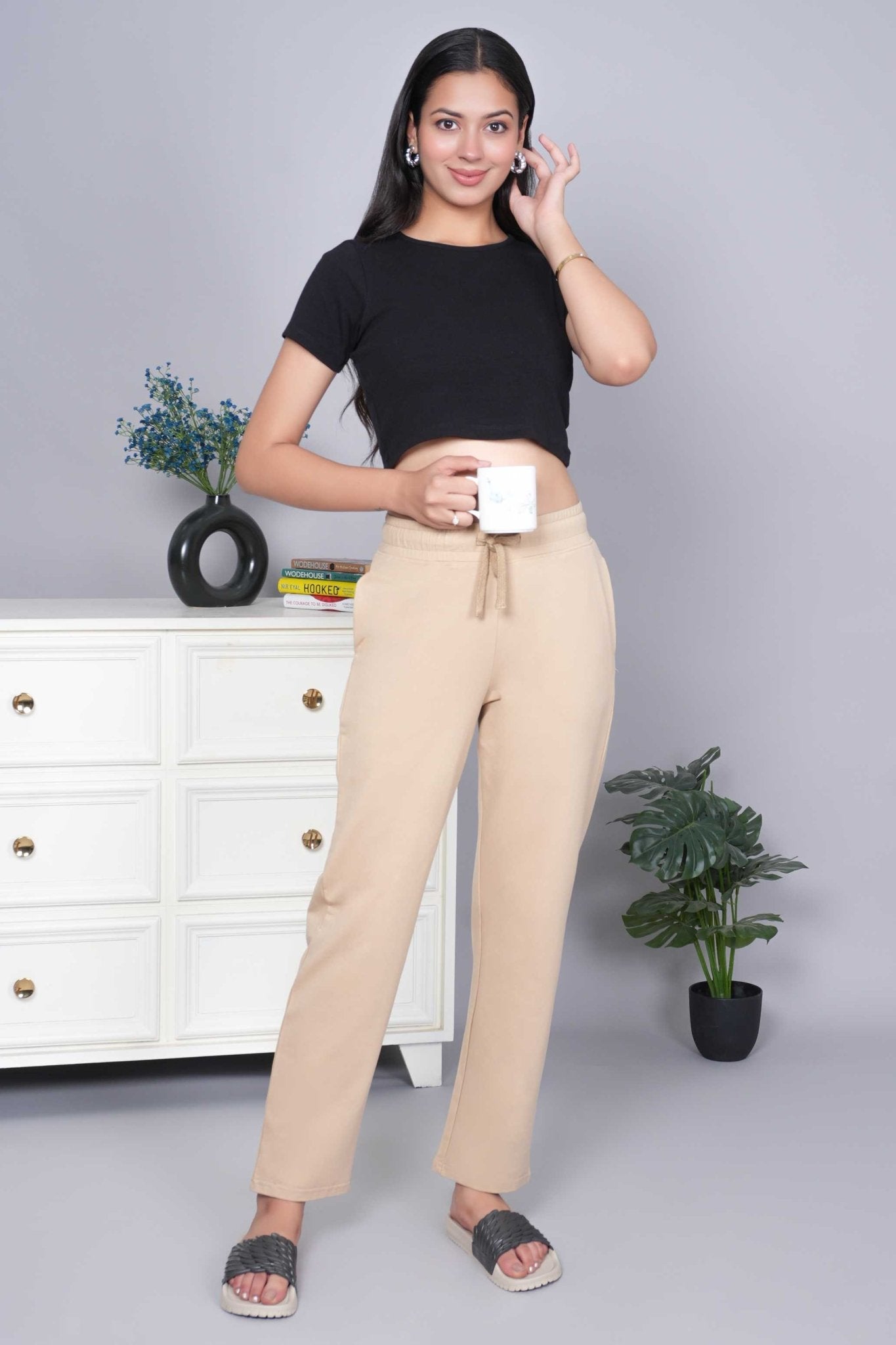 Beige all day home pants with extra comfort. [100% USA HQ Cotton Lycra] - All day home pant