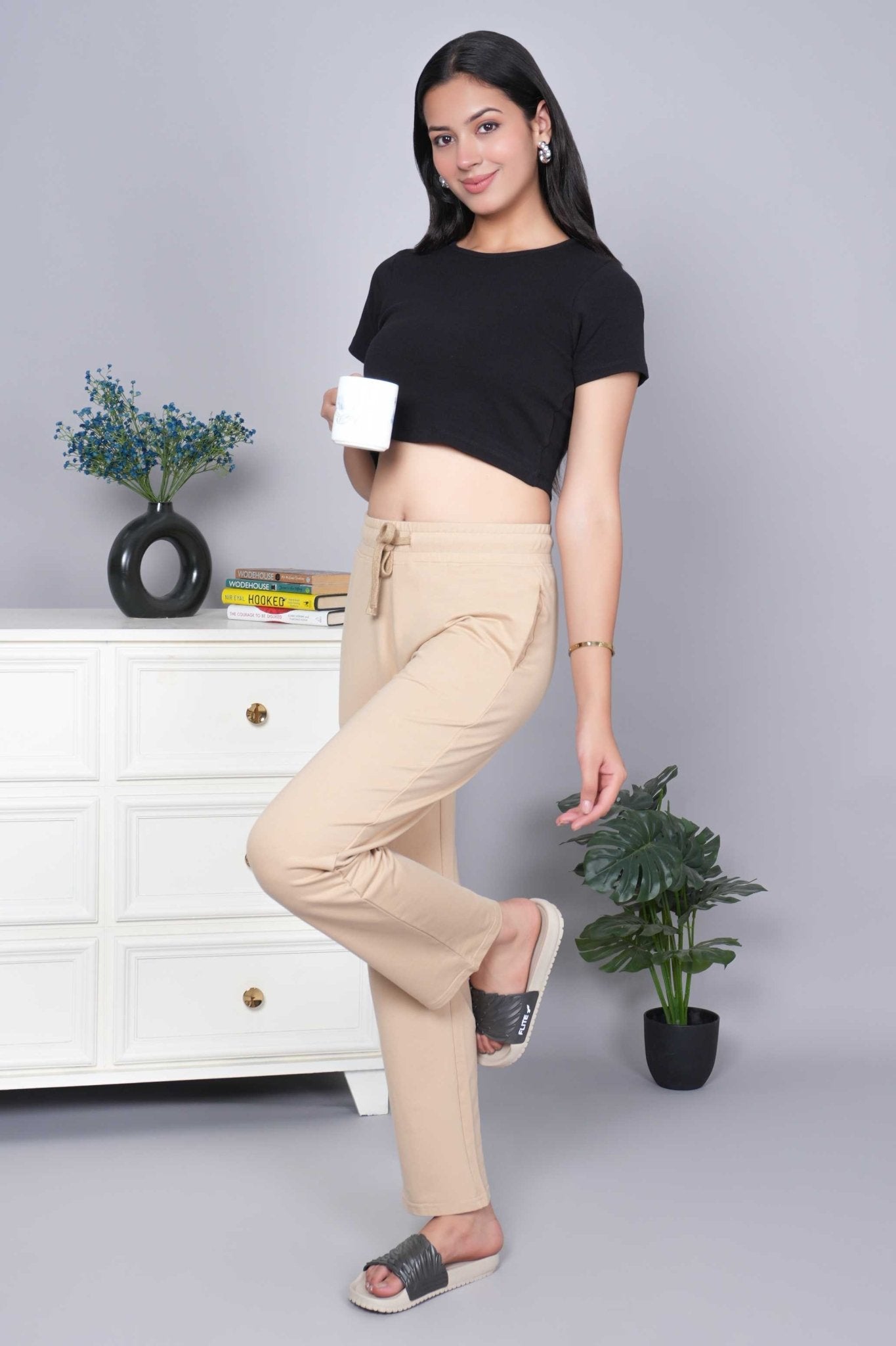 Beige all day home pants with extra comfort. [100% USA HQ Cotton Lycra] - All day home pant