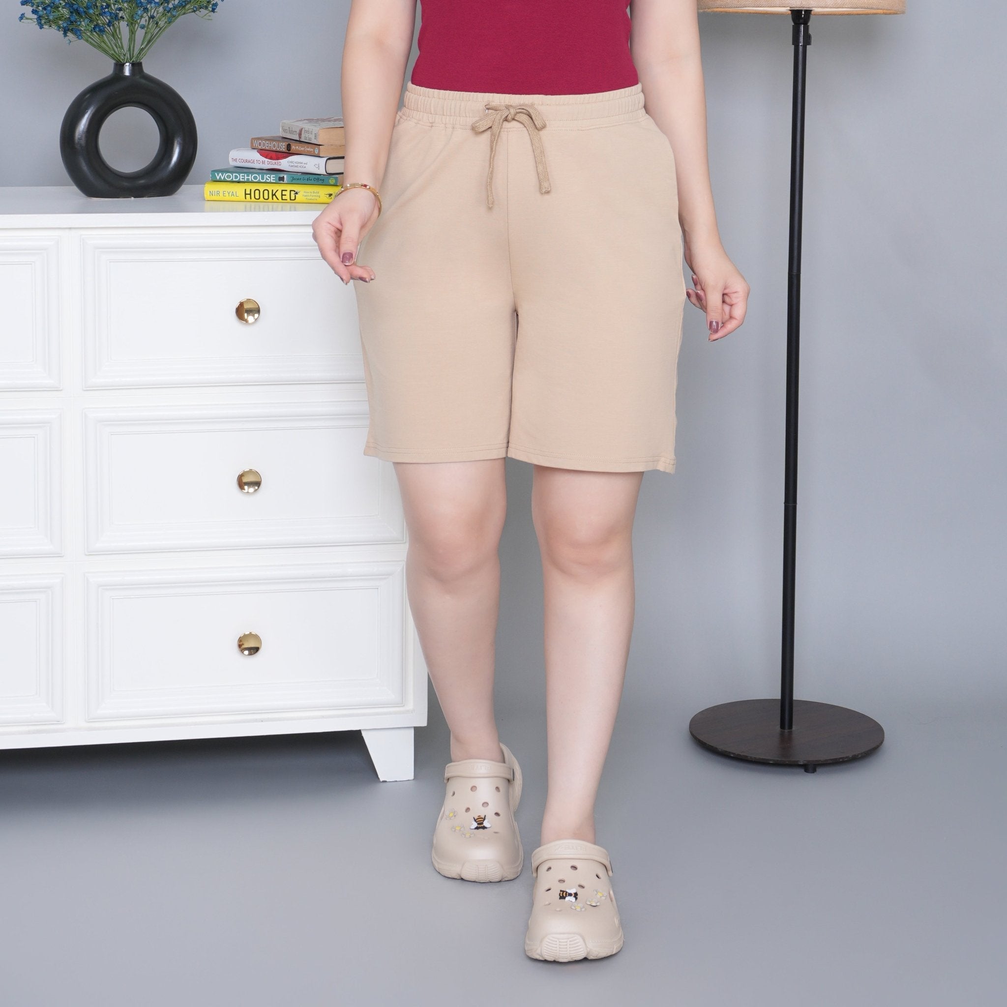 Beige all day home shorts with extra comfort. [100% Cotton Lycra] - All day home shorts