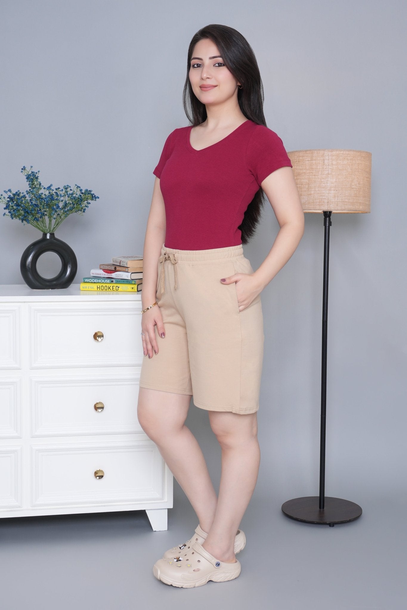 Beige all day home shorts with extra comfort. [100% Cotton Lycra] - All day home shorts