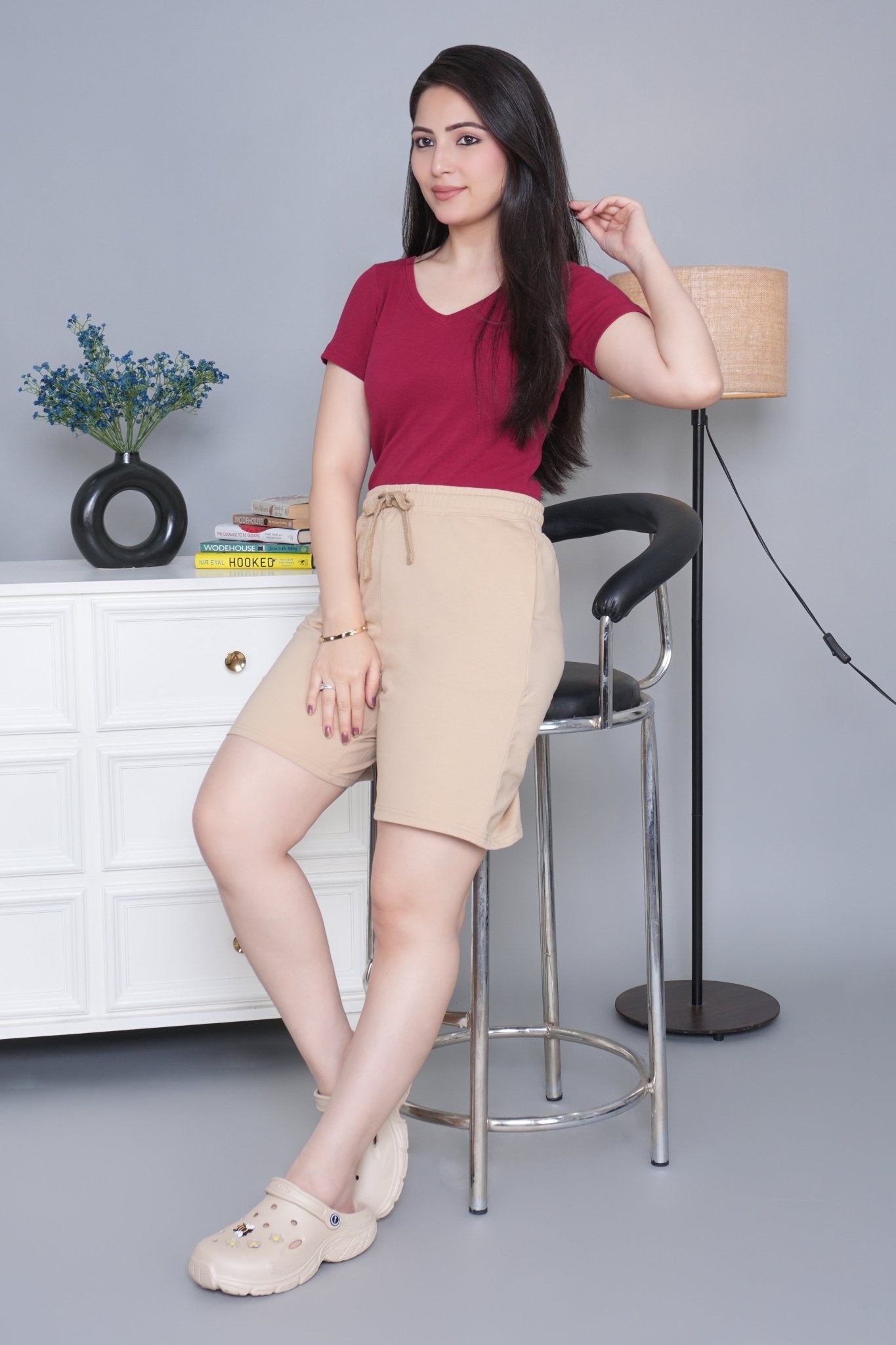 Beige all day home shorts with extra comfort. [100% Cotton Lycra] - All day home shorts