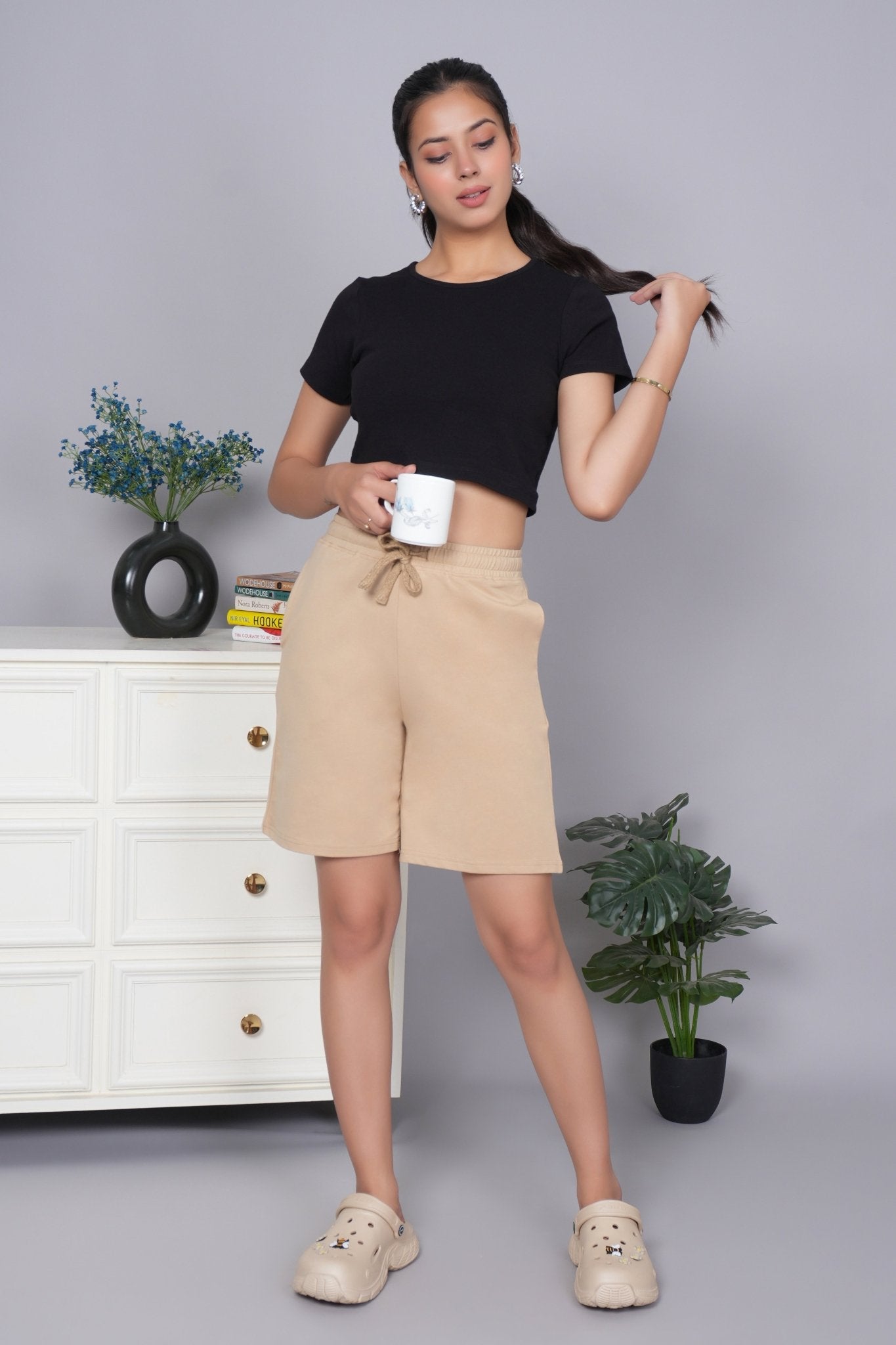 Beige all day home shorts with extra comfort. [100% USA HQ Cotton Lycra] - All day home shorts