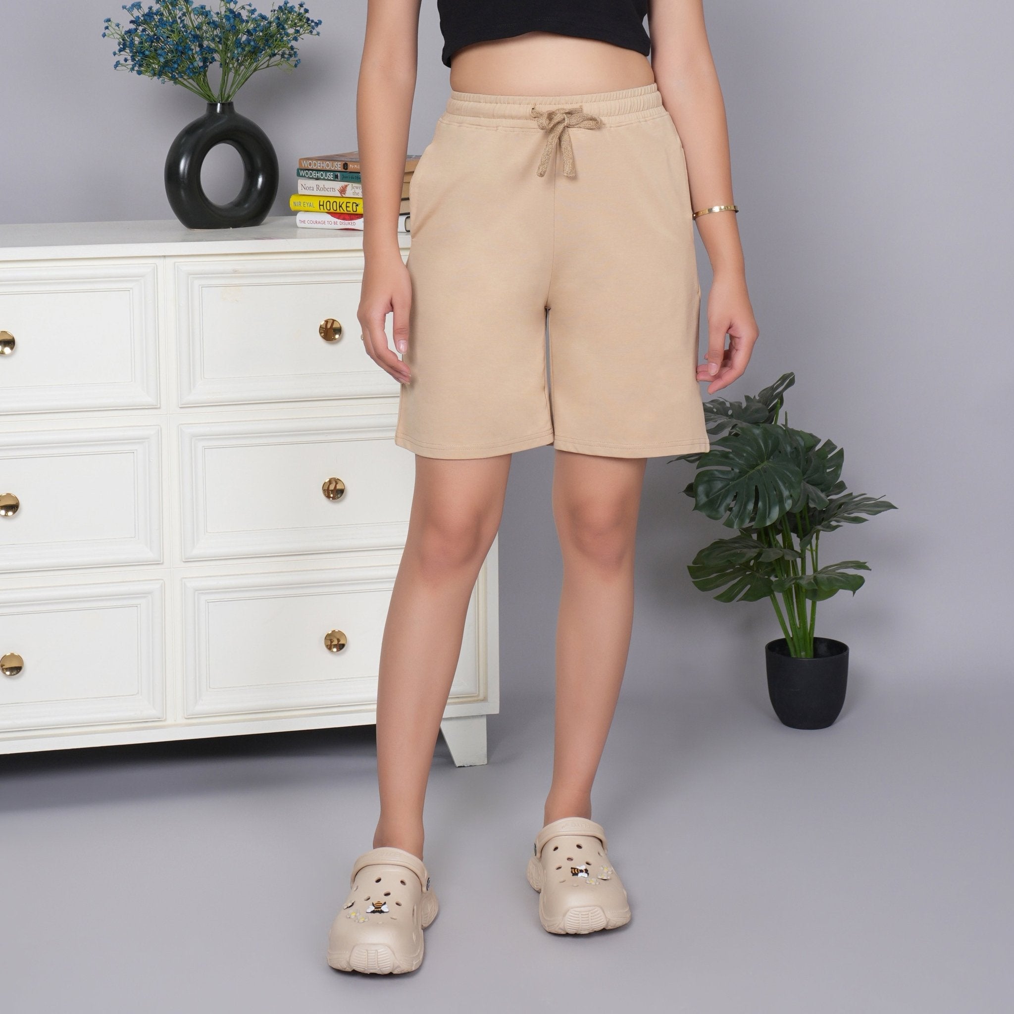 Beige all day home shorts with extra comfort. [100% USA HQ Cotton Lycra] - All day home shorts