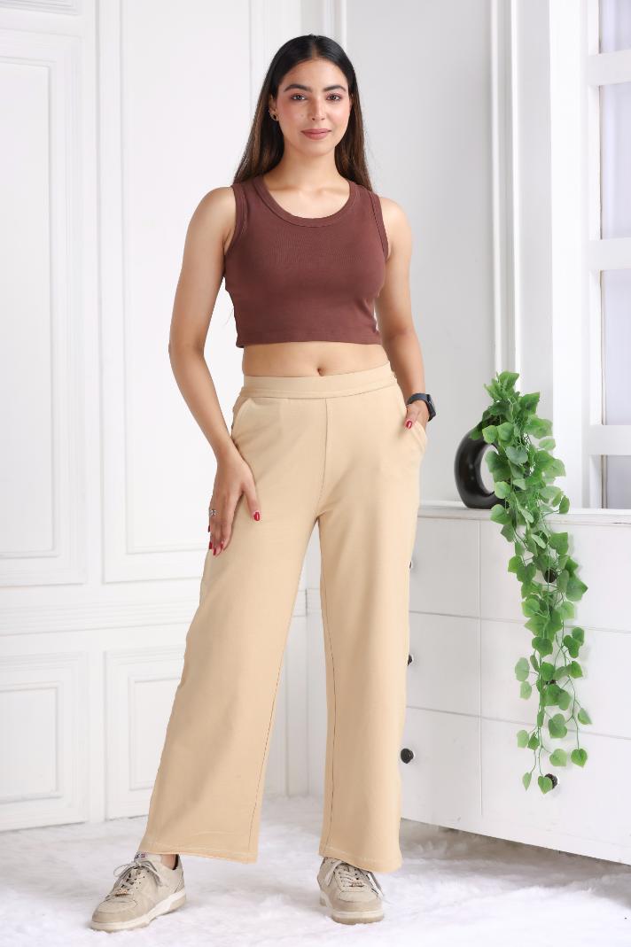 Beige all day wide flare pants with extra comfort. [100% USA HQ Cotton Lycra] extra flare. - All day wide flare pant