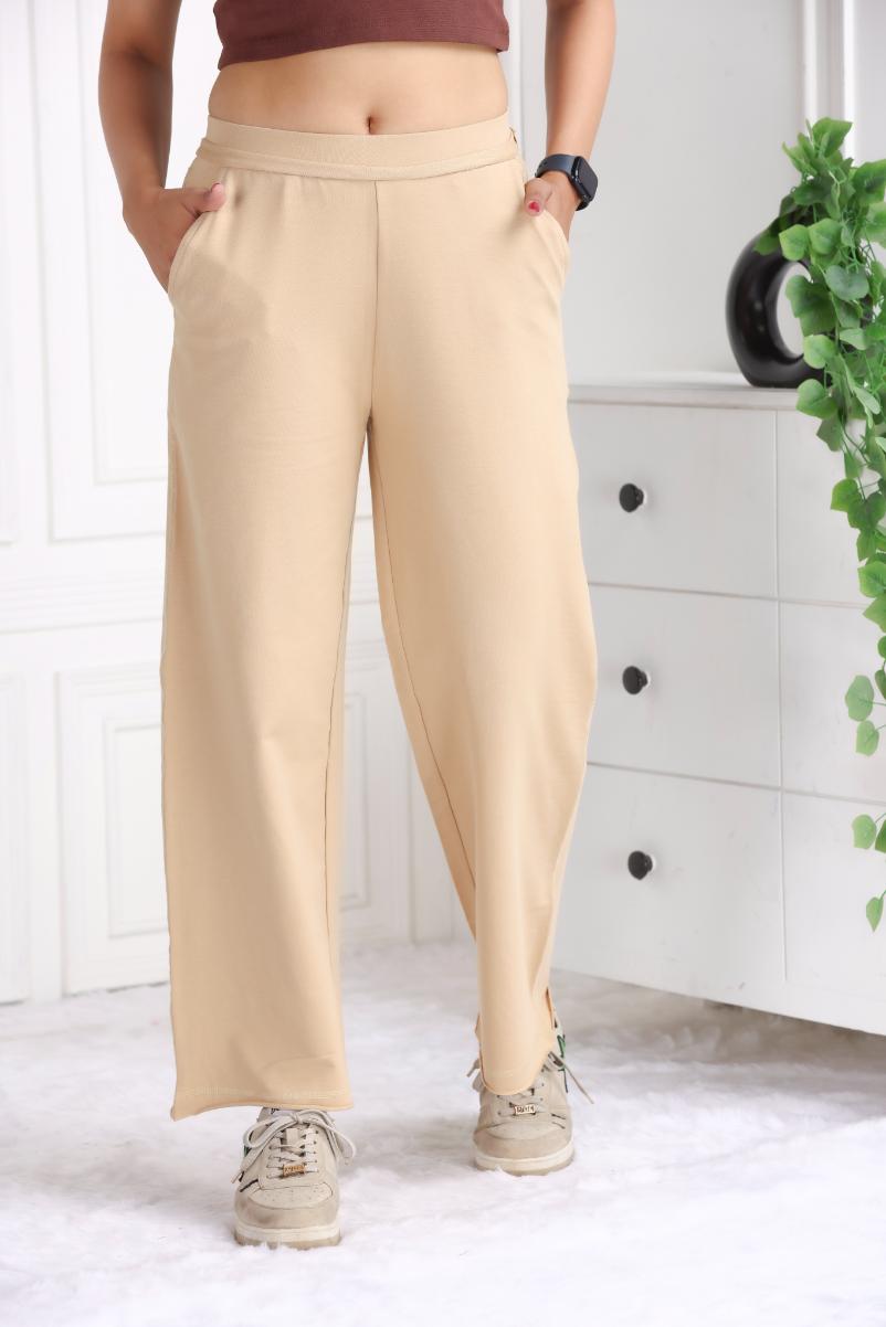 Beige all day wide flare pants with extra comfort. [100% USA HQ Cotton Lycra] extra flare. - All day wide flare pant