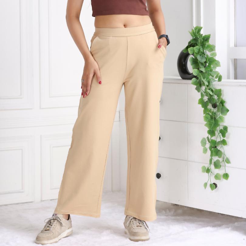 Beige all day wide flare pants with extra comfort. [100% USA HQ Cotton Lycra] extra flare. - All day wide flare pant