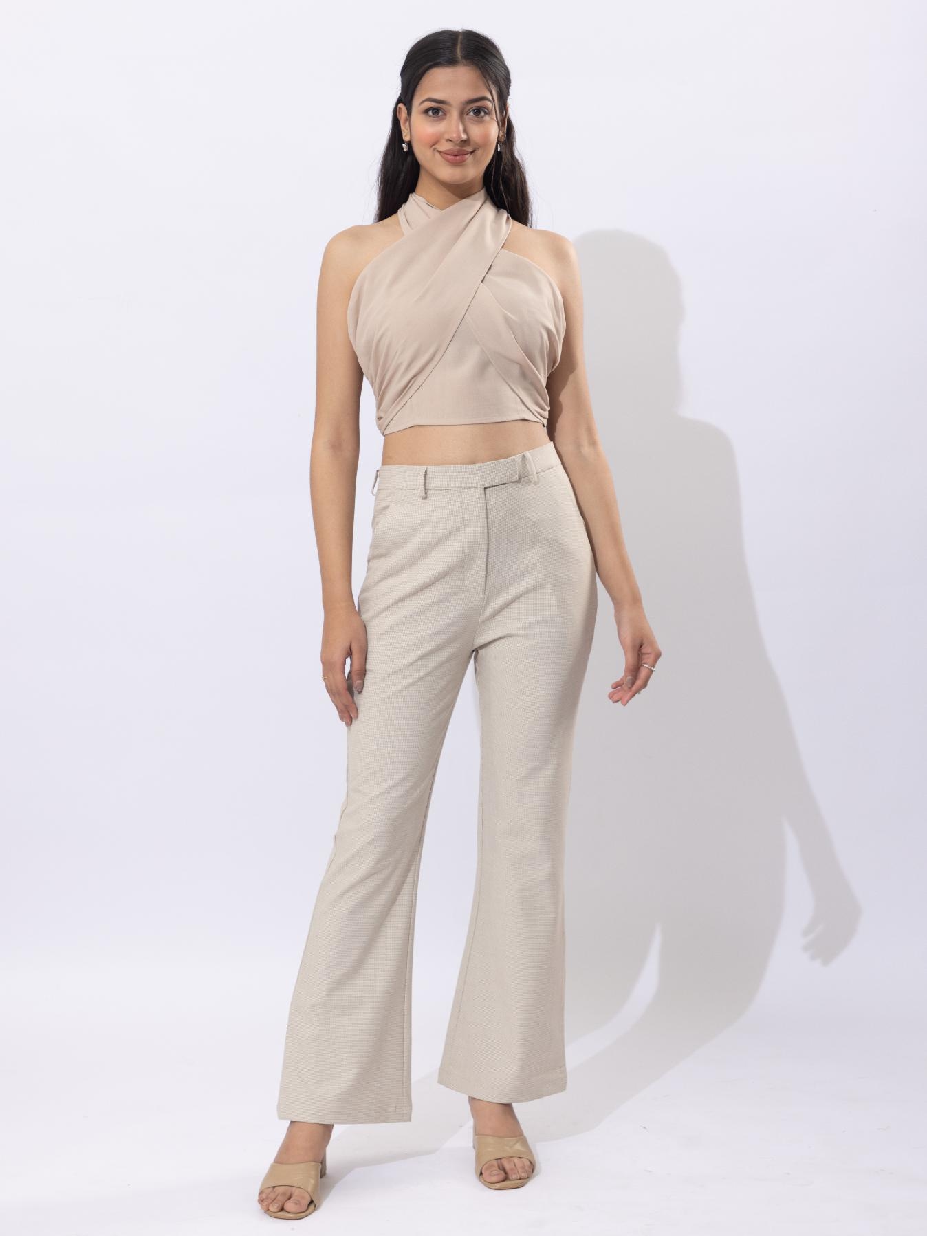 Beige check high waist formal flare pants with spandex [Bootcut flare] - Formal flare pants