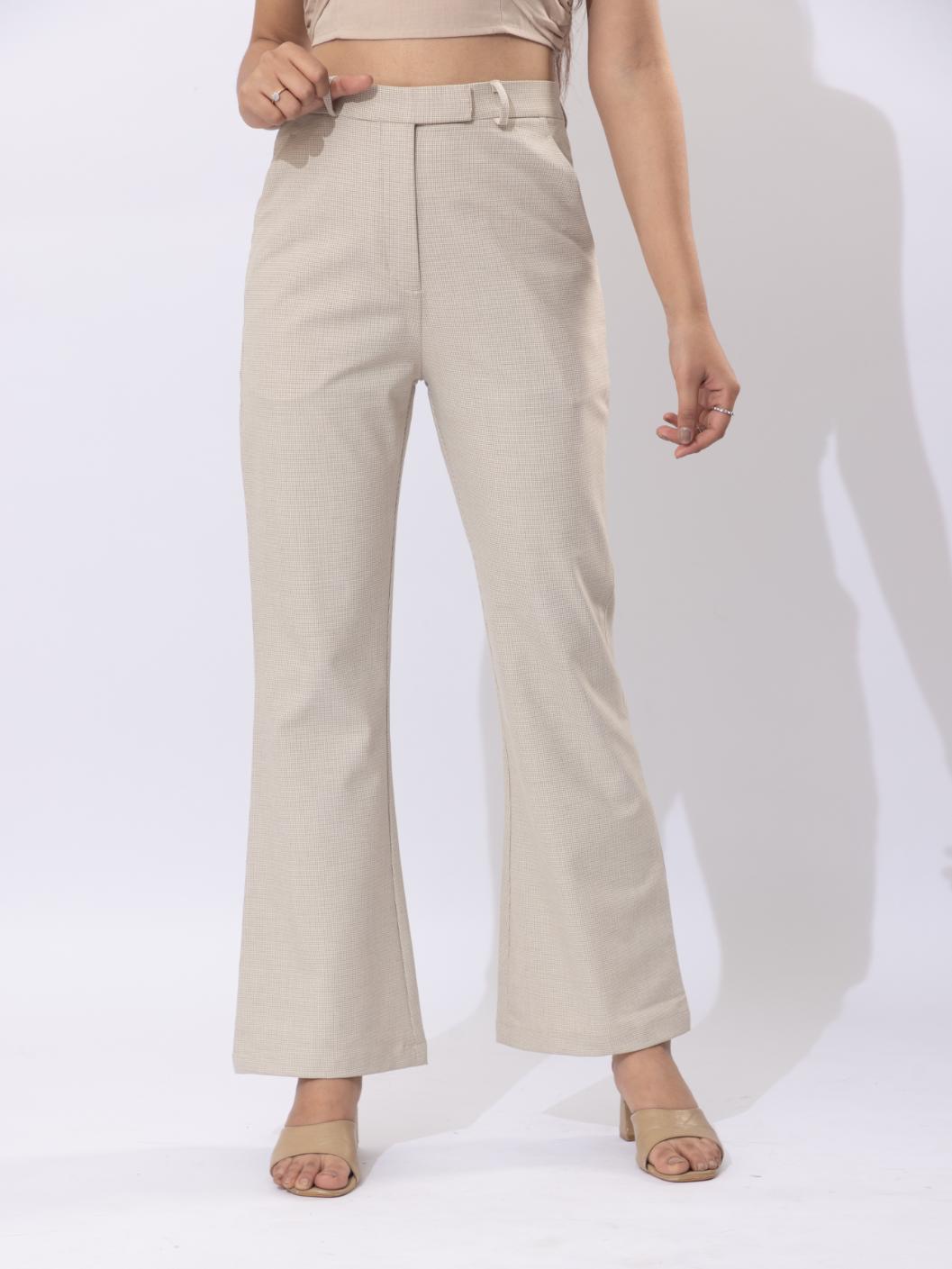 Beige check high waist formal flare pants with spandex [Bootcut flare] - Formal flare pants