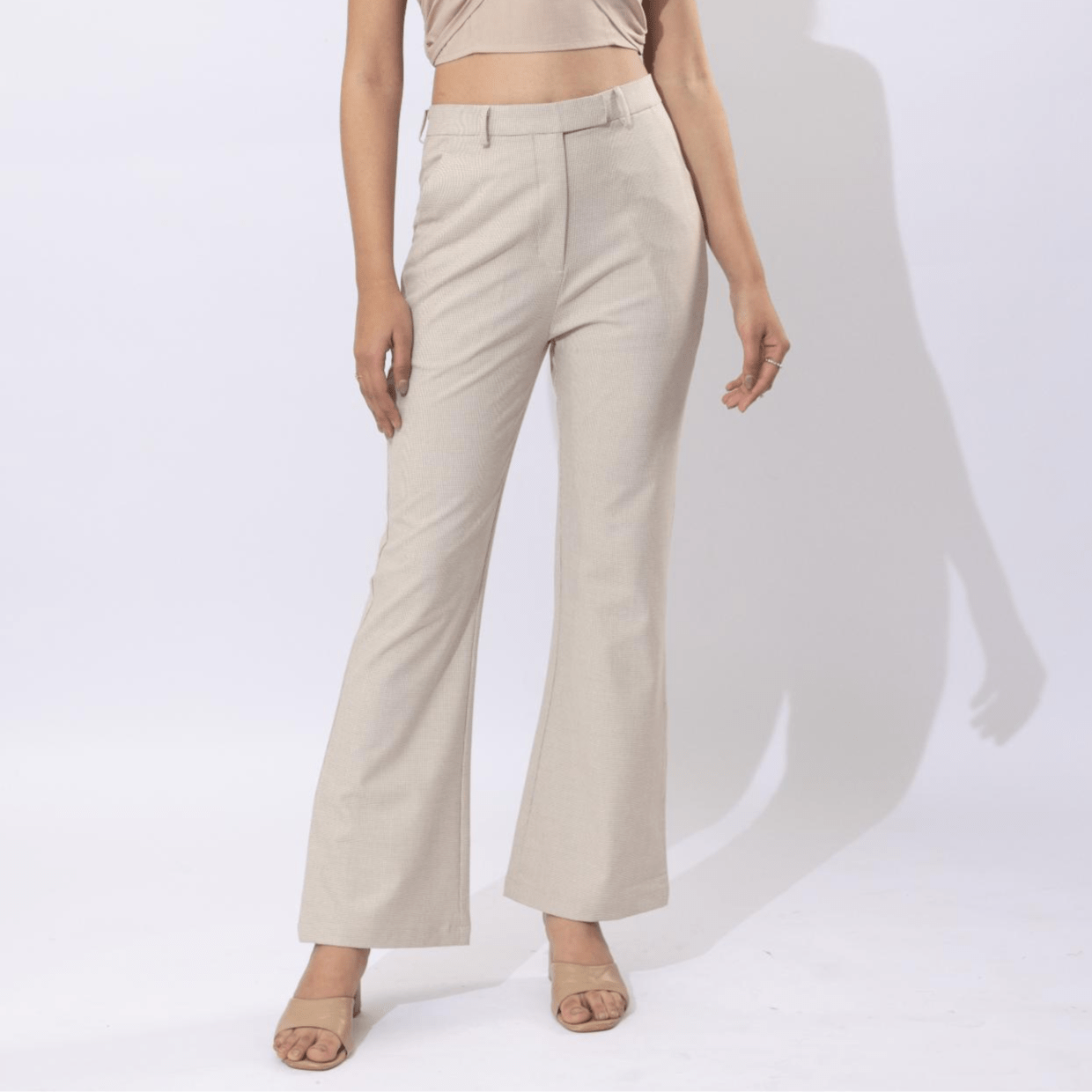 Beige check high waist formal flare pants with spandex [Bootcut flare] - Formal flare pants