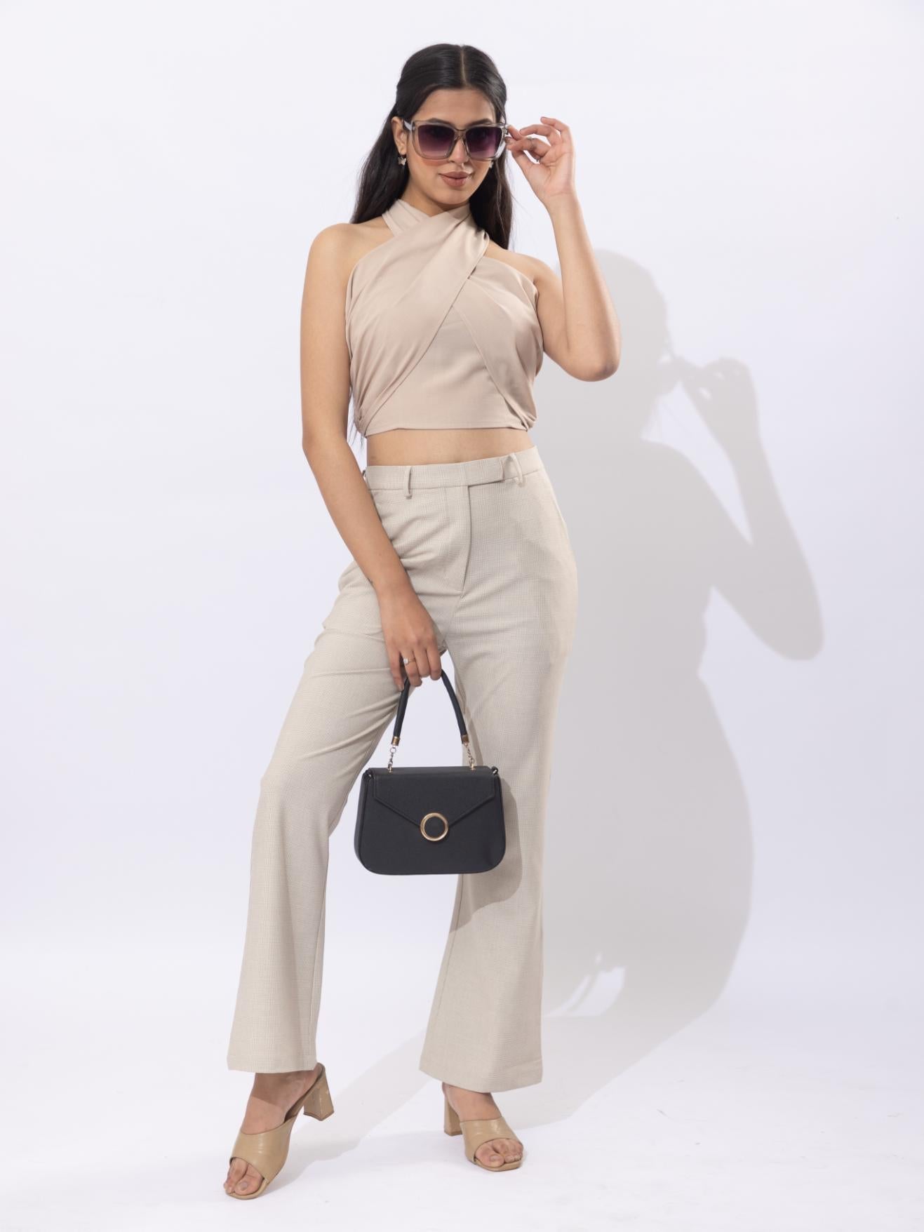 Beige check high waist formal flare pants with spandex [Bootcut flare] - Formal flare pants