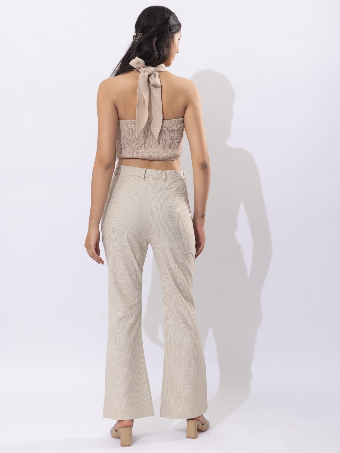 Beige check high waist formal flare pants with spandex [Bootcut flare] - Formal flare pants