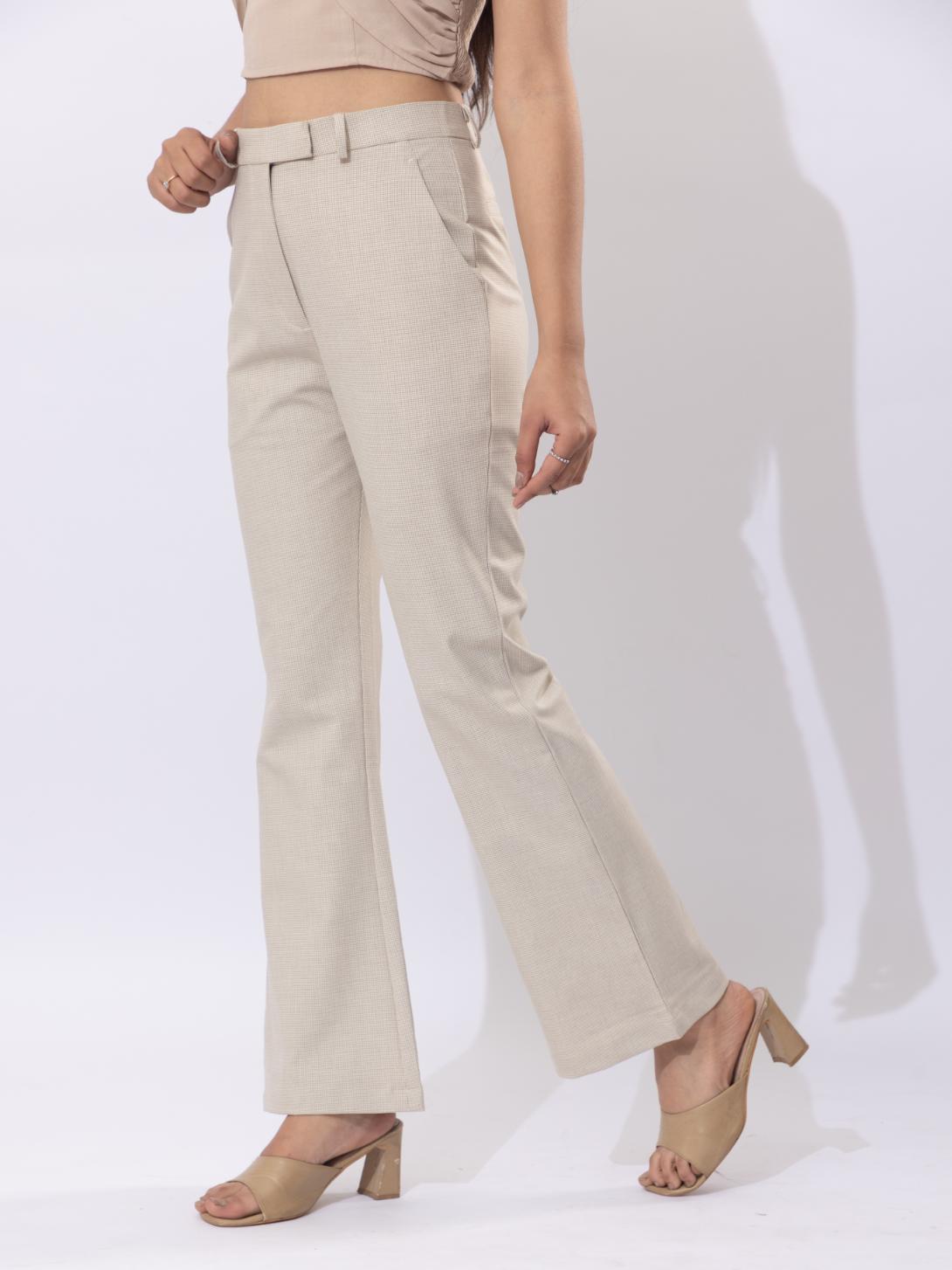 Beige check high waist formal flare pants with spandex [Bootcut flare] - Formal flare pants